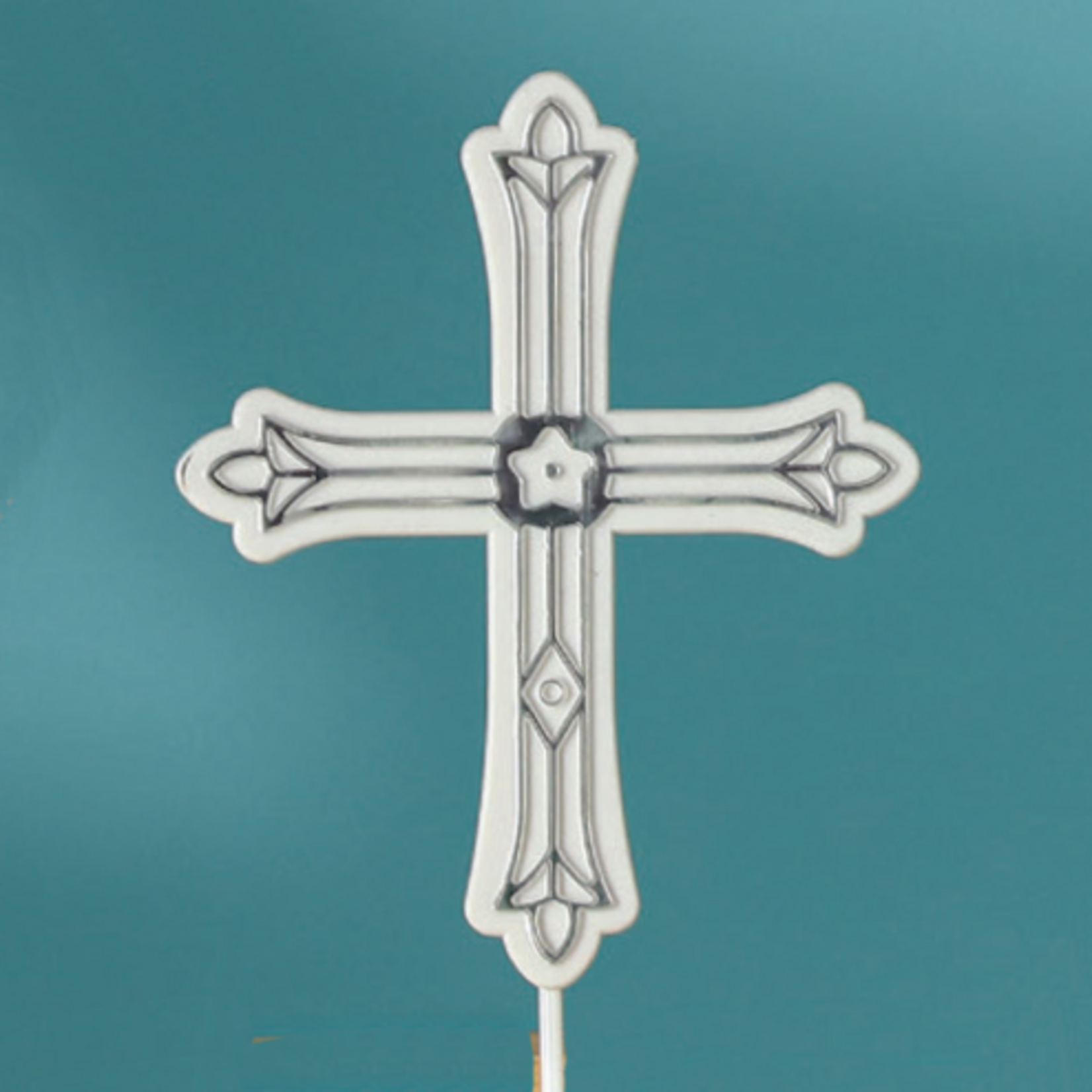 4” X 5” SILVER CROSS PICK, SILVER ON WHITE WITH WHITE STICK