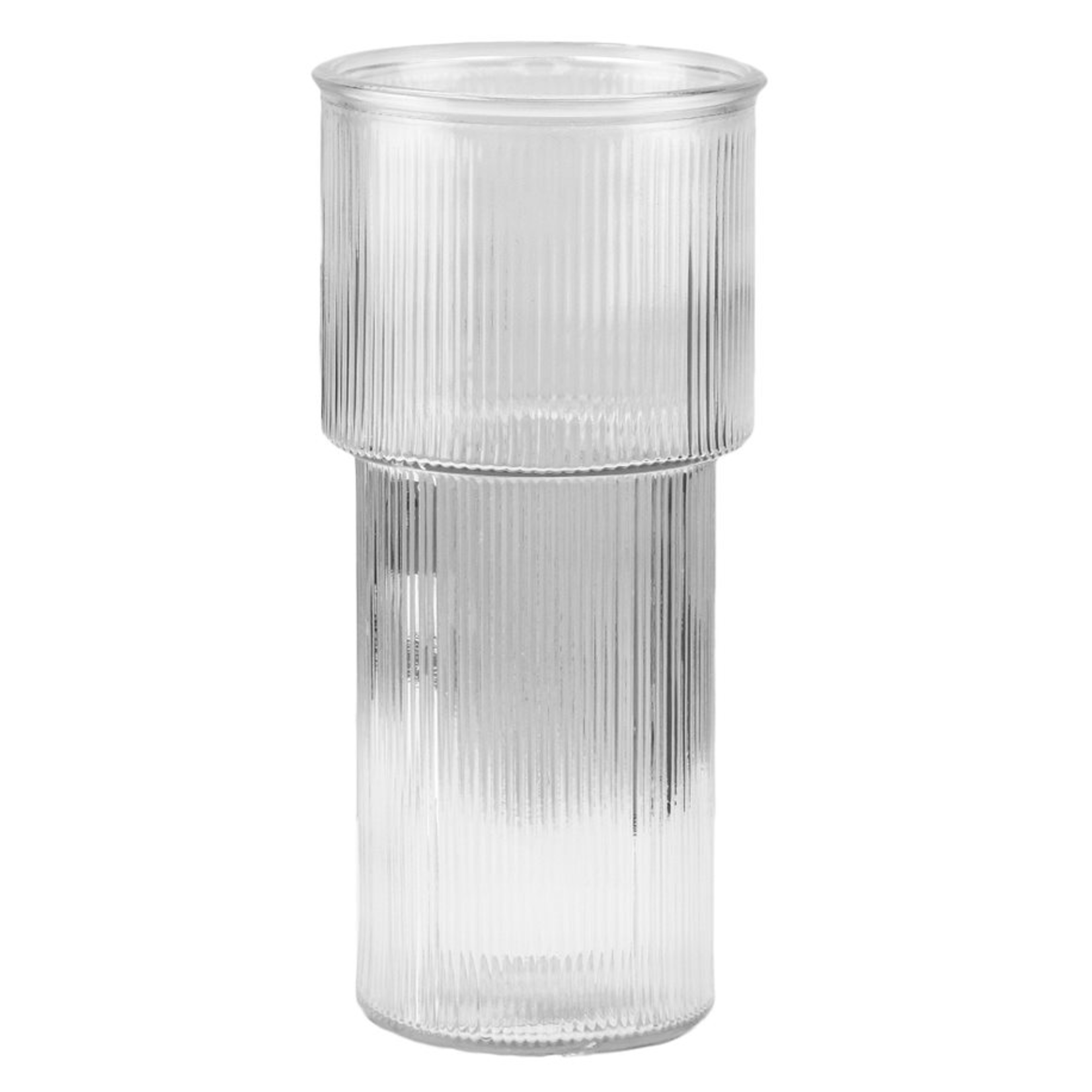9.5”H X 4.5” CLEAR GLASS FLUTED DOUBLE CYLINDER WITH RIM