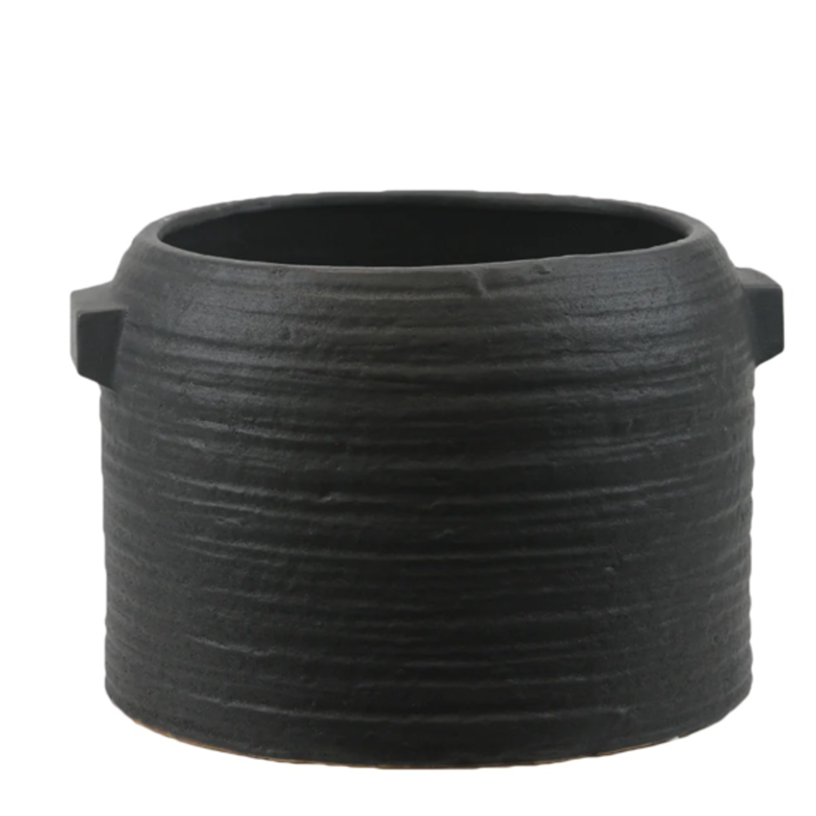 8.5”H X 12.5” BLACK ZINTO LOW AND WIDE CERAMIC PLANTER WITH SMALL HANDLE