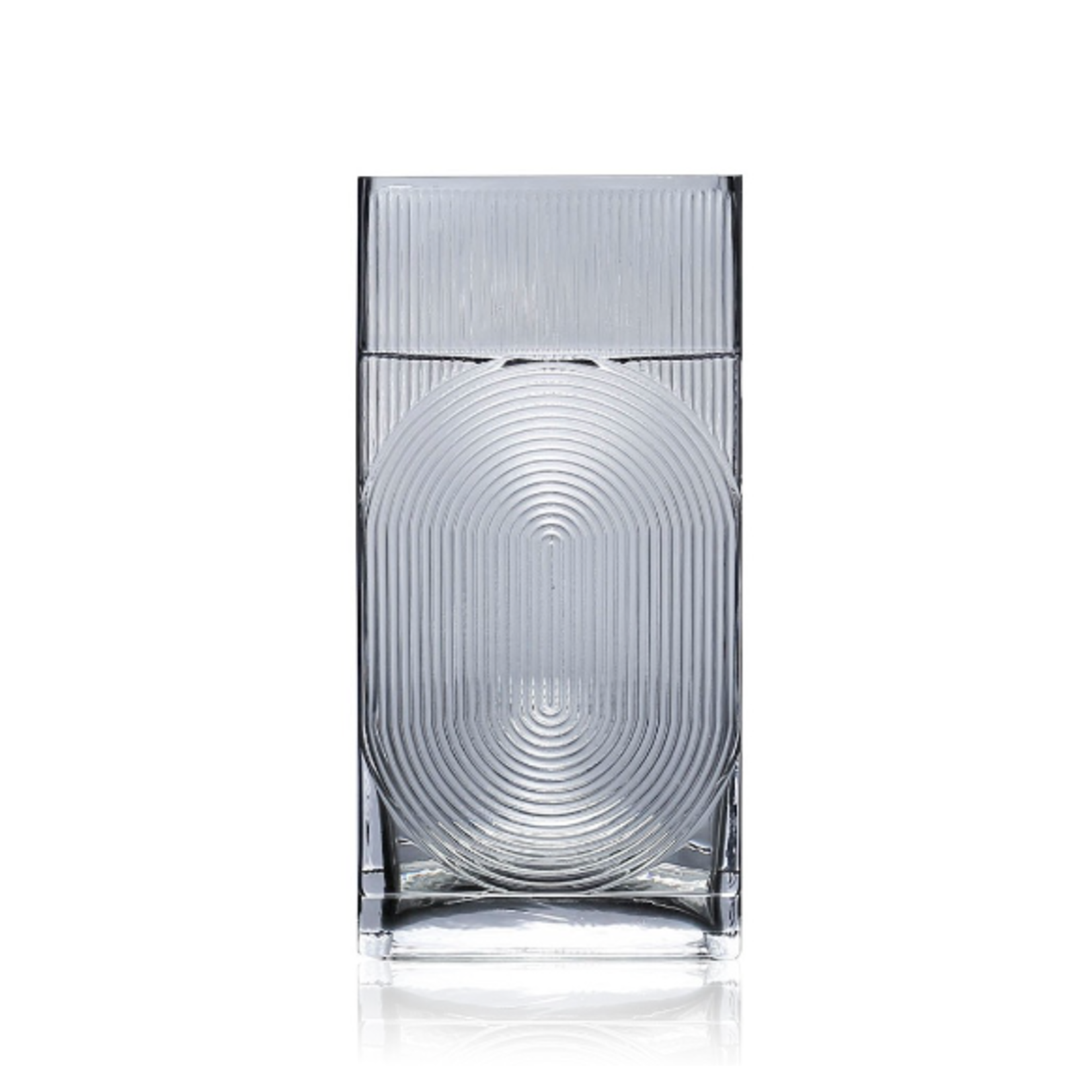 50% off was $30 now $15. 12”H X 6” X 2.75” GREY GLASS RIBBED/FLUTED RECTANGLE