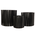 5” X 5” SMALL BLACK CERAMIC CYLINDER VERTICAL RIBBED PATTERN
