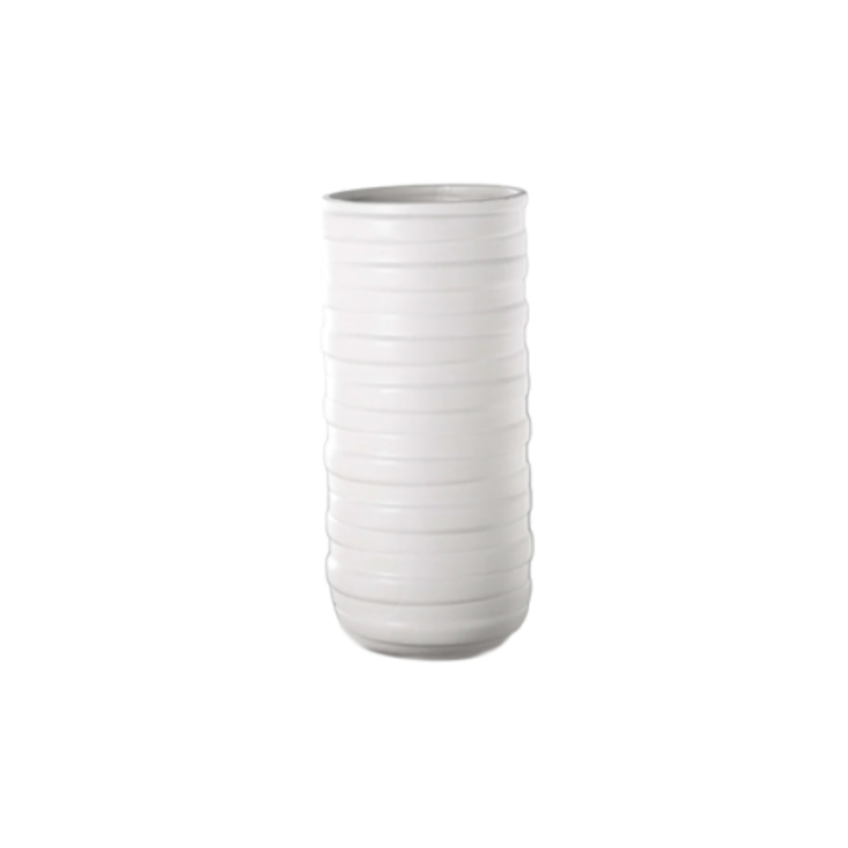 12.75”H X 5.75” SMALL MATTE WHITE CERAMIC CYLINDER EMBOSSED BANDED