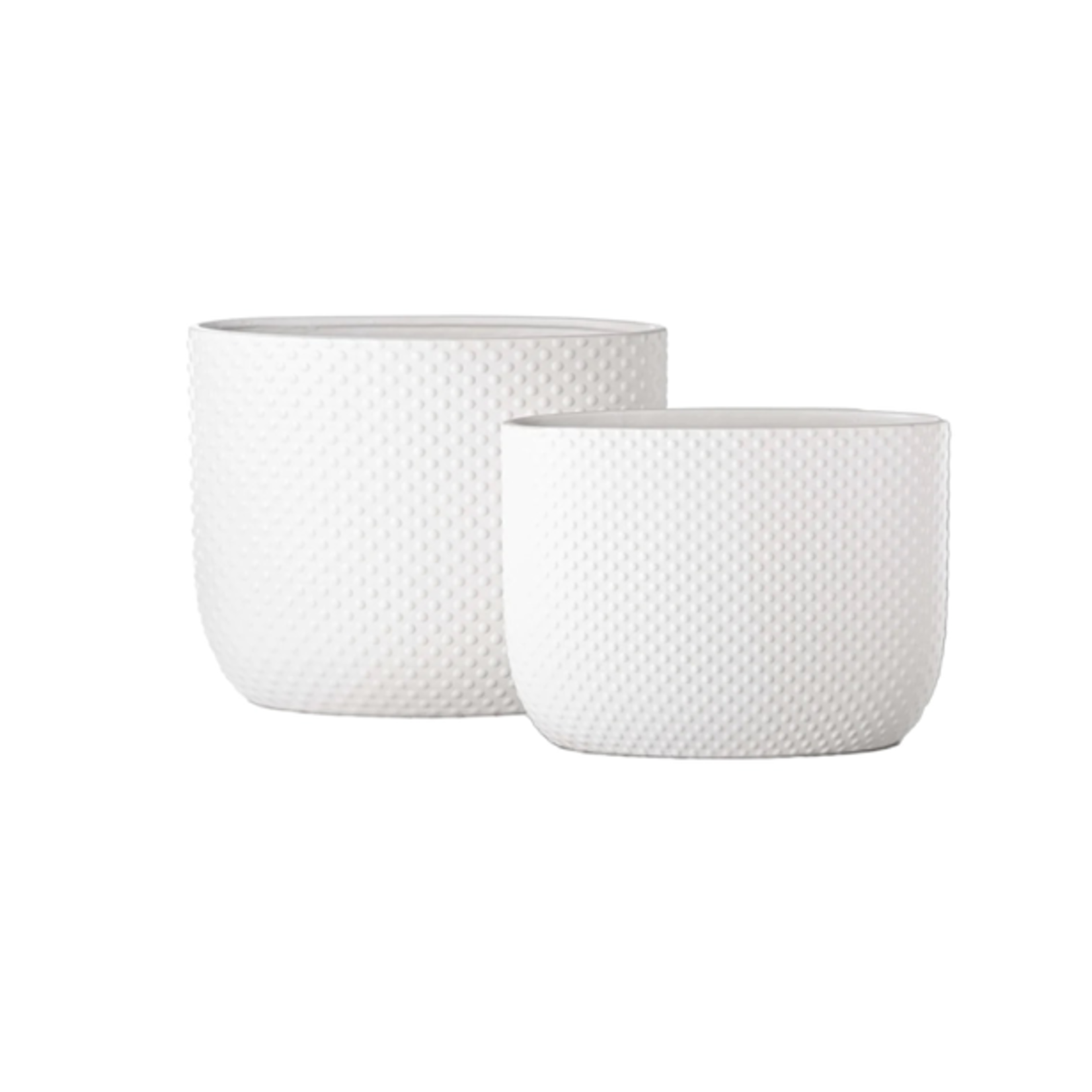 9.5”H X 12.5”L X 5”W SMALL MATTE WHITE CERAMIC TALL OVAL EMBOSSED DOTTED