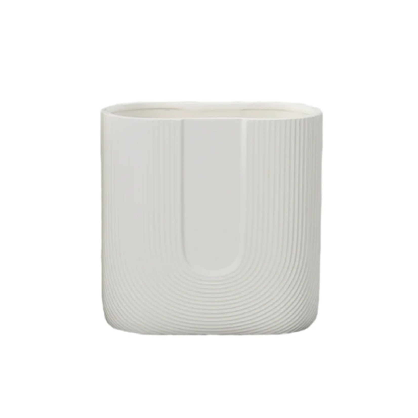 40% off was $22 now $11. 8”H X 8”L X 4”W GLOSSY WHITE CERAMIC OVAL POT WITH DEBOSSED INVERTED ARCH