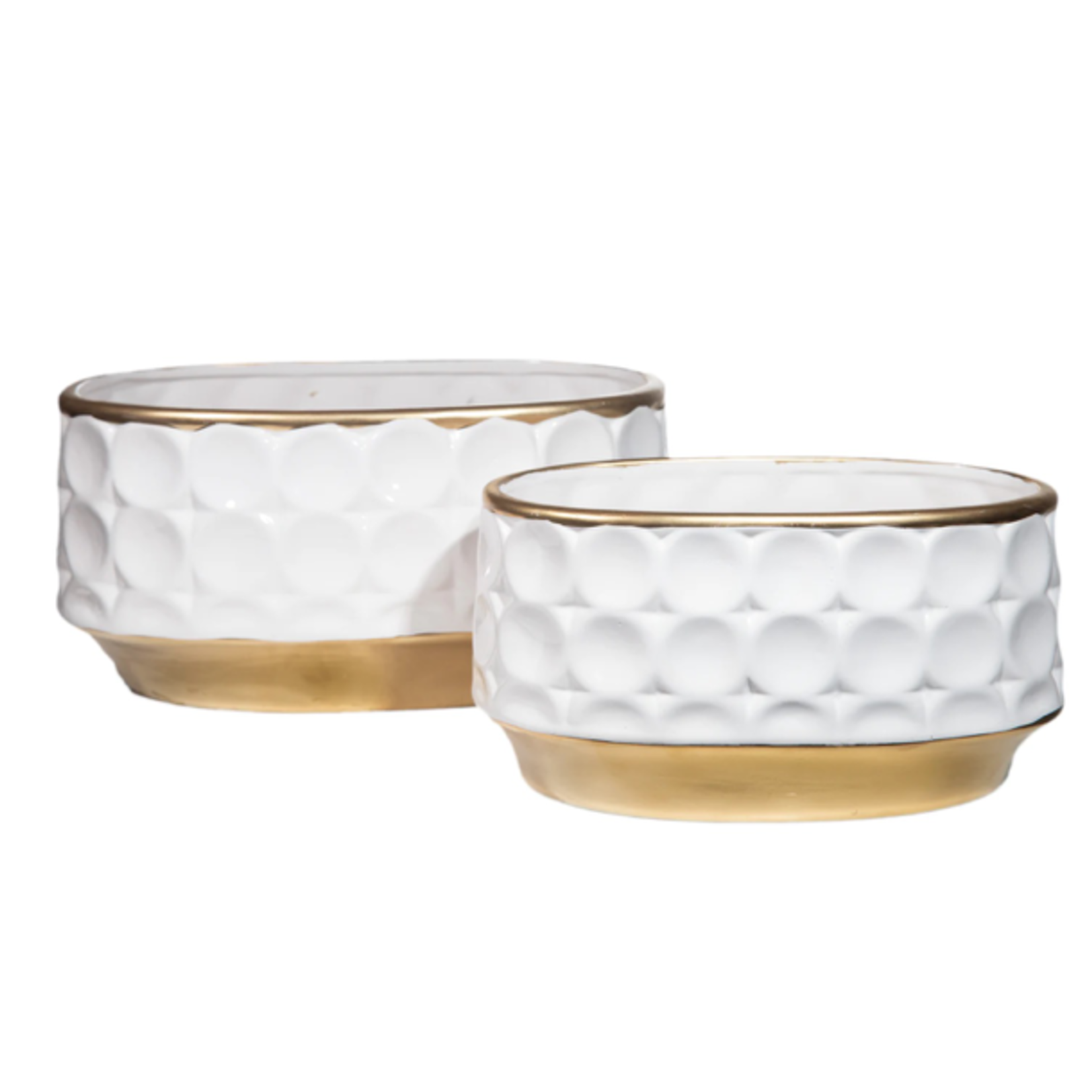 6.5”H X 13.5” X 8.5”W LARGE MATTE WHITE CERAMIC WITH GOLD OVAL POT DOTTED