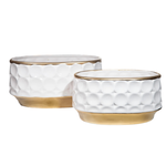 5.5”H X 11”L X 6.5” SMALL MATTE WHITE CERAMIC WITH GOLD OVAL POT DOTTED