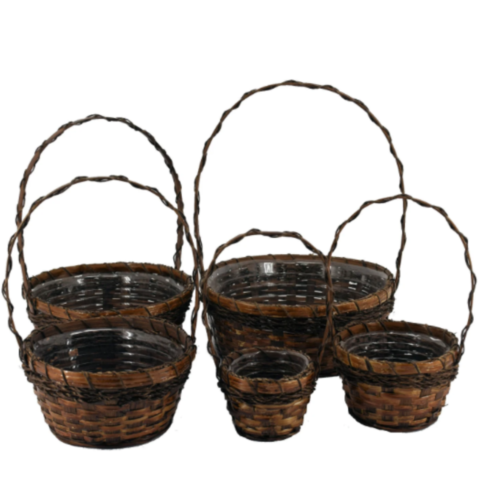 SET OF 5 STAINED WOOD RUSTIC BASKETS