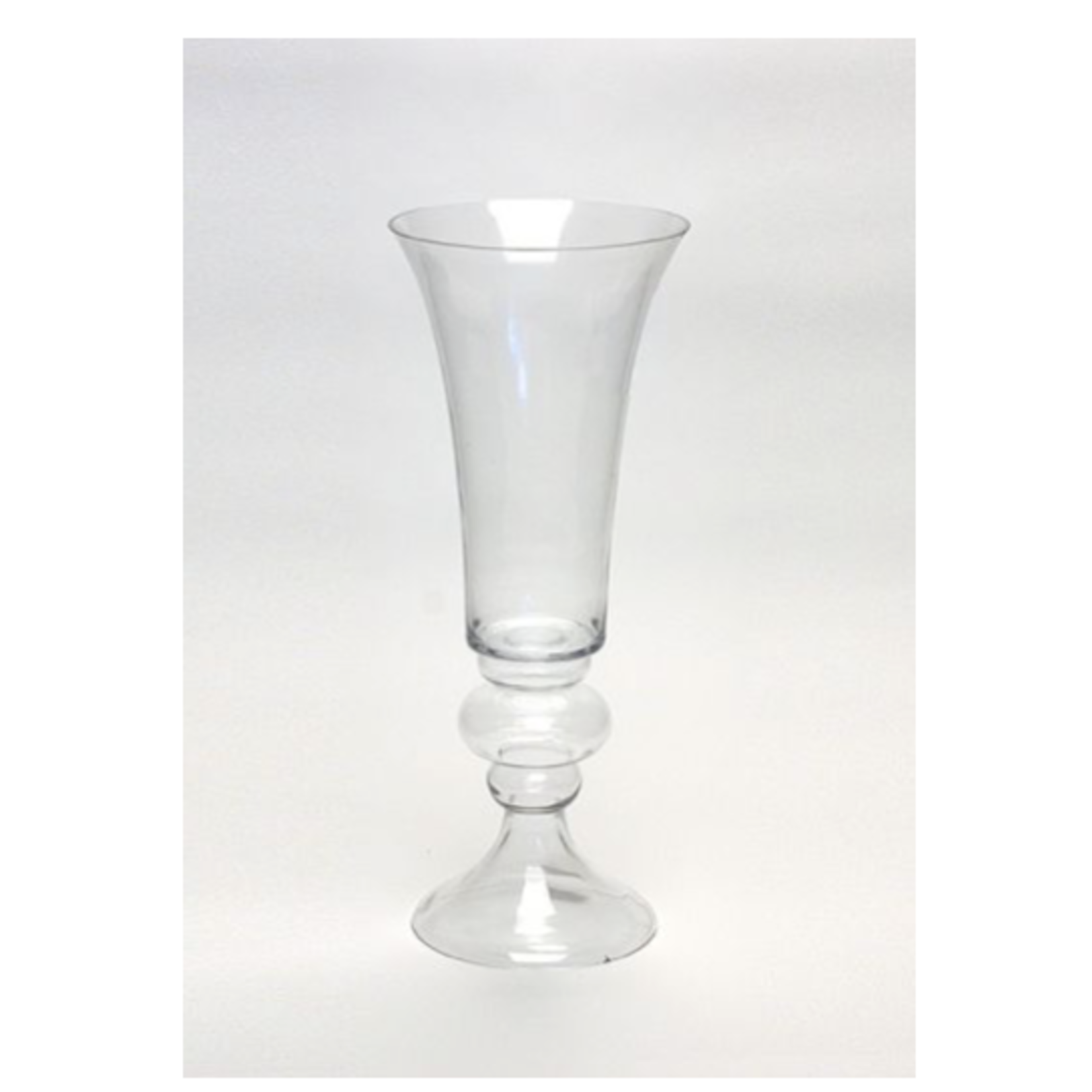 50% off was $90 now $45. 21.75”H X 10” CLEAR GLASS REVERSIBLE TRUMPET VASE