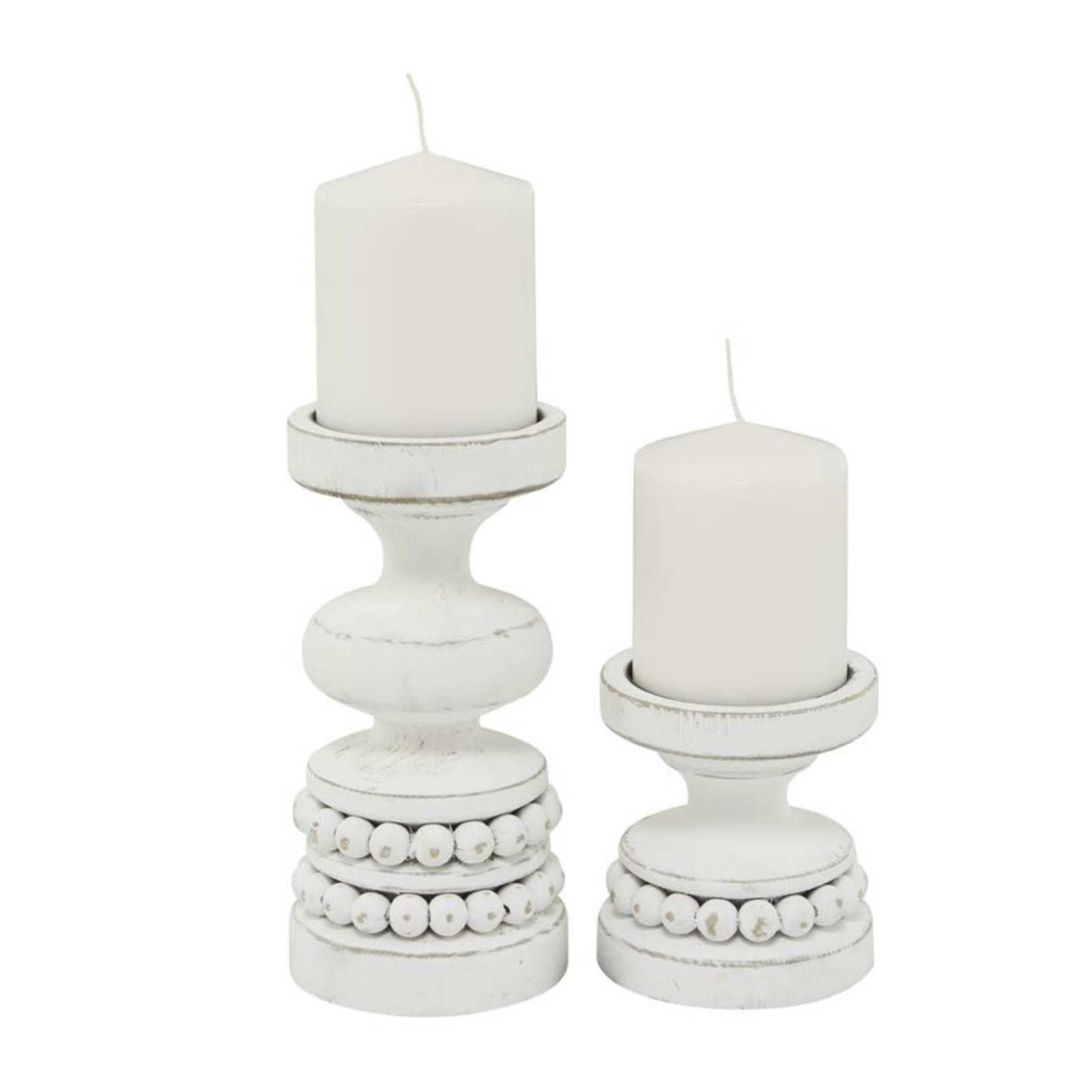 50% off was $40 now $20. 8.15”h x 4” set of two WHITE WOOD BEADED PILLAR CANDLE HOLDER (sold by the set)