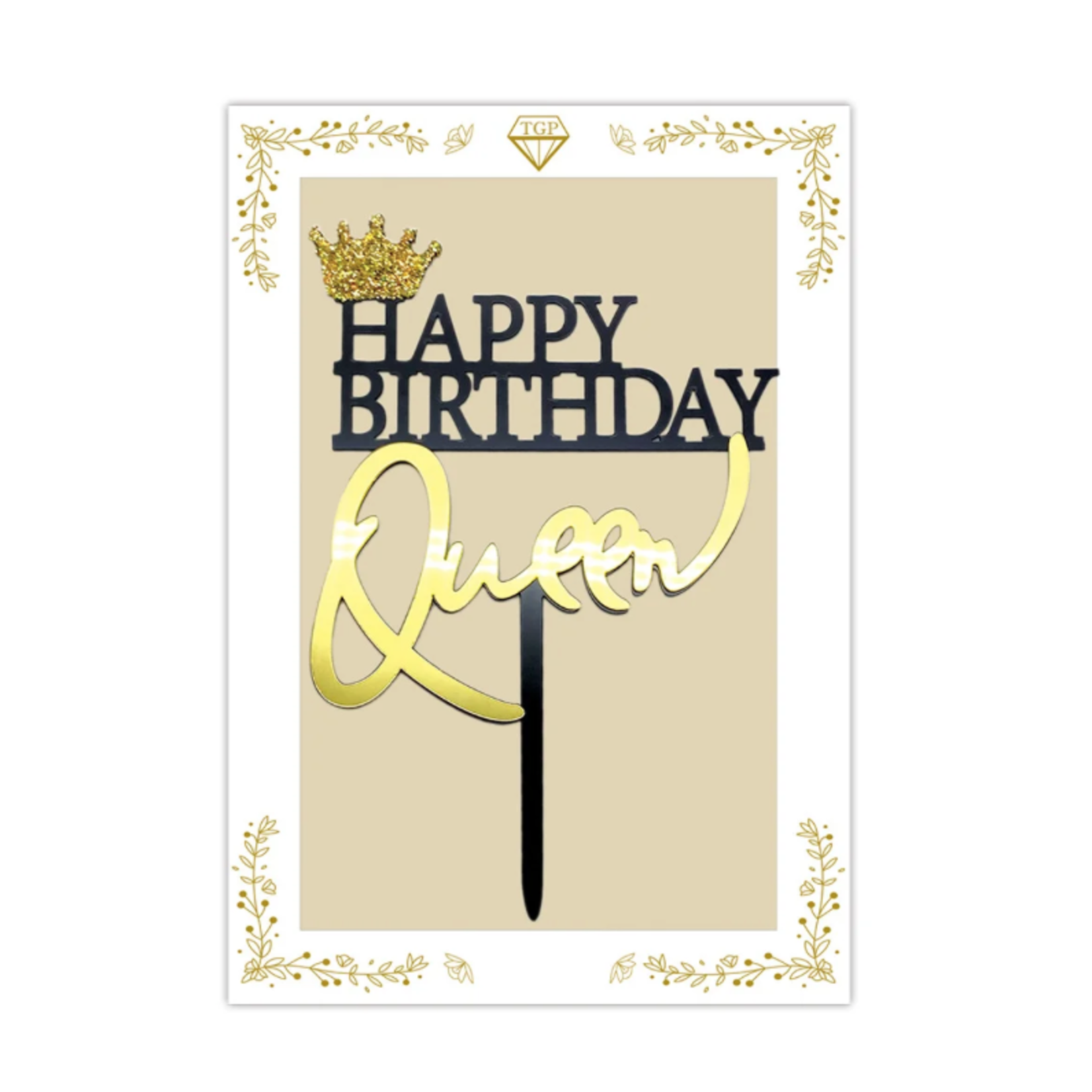 QUEEN GOLD WITH BLACK *HAPPY BIRTHDAY” CAKE TOPPER
