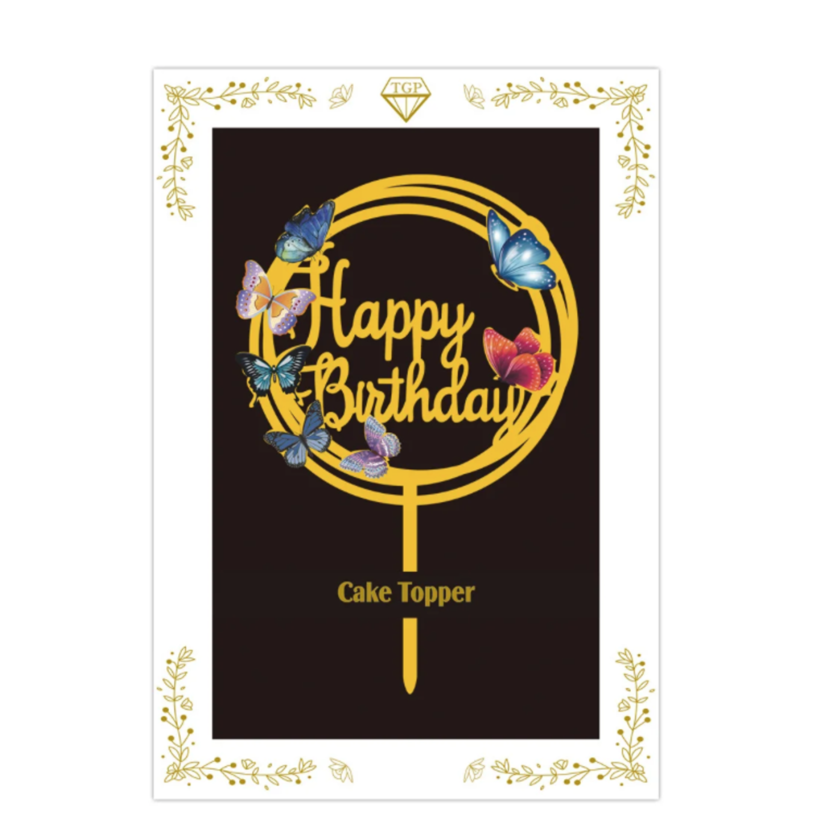 “HAPPY BIRTHDAY” GOLD WITH FLOWERS CAKE TOPPER