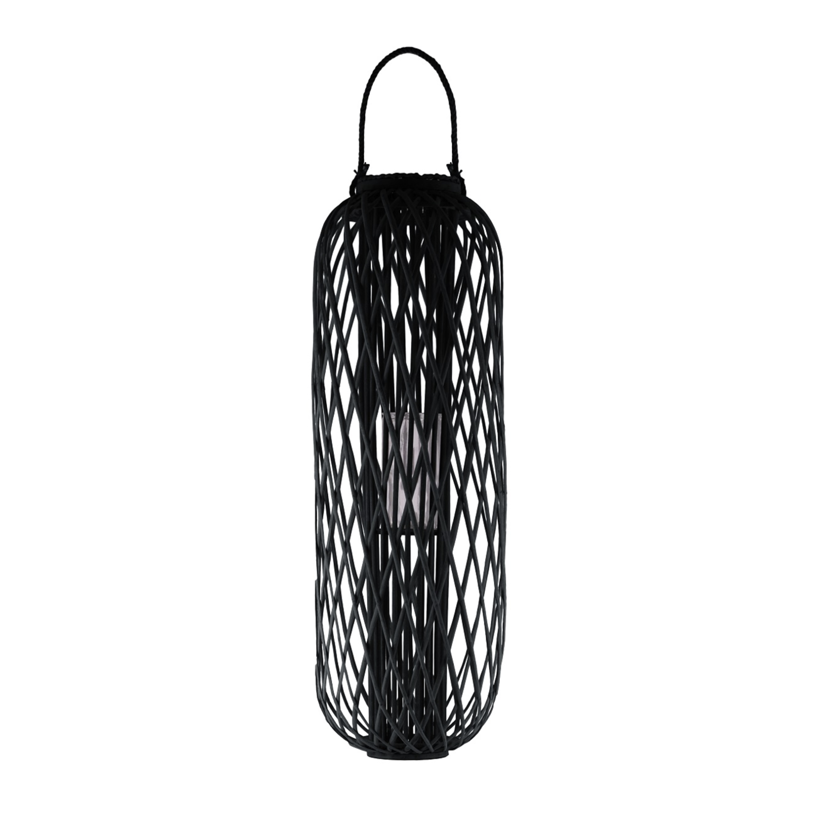47.25”H X 15” Bamboo Round Lantern with Braided Rope Lip and Handle, Lattice Design Body and Hurricane Candle Holder Coated Finish Black