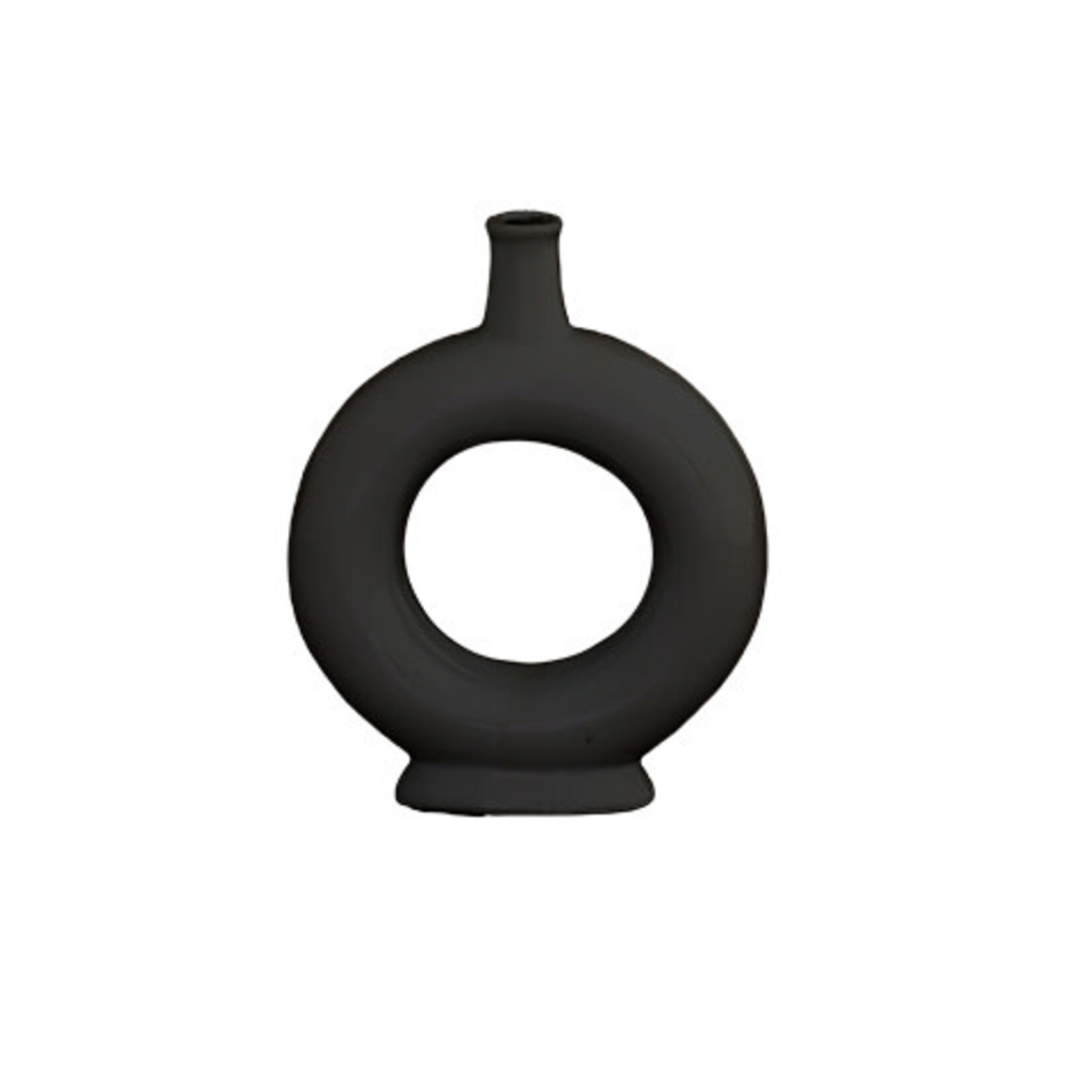 8”H X 6.5” MATTE BLACK CERMIC RING PEDESTAL BUDVASE