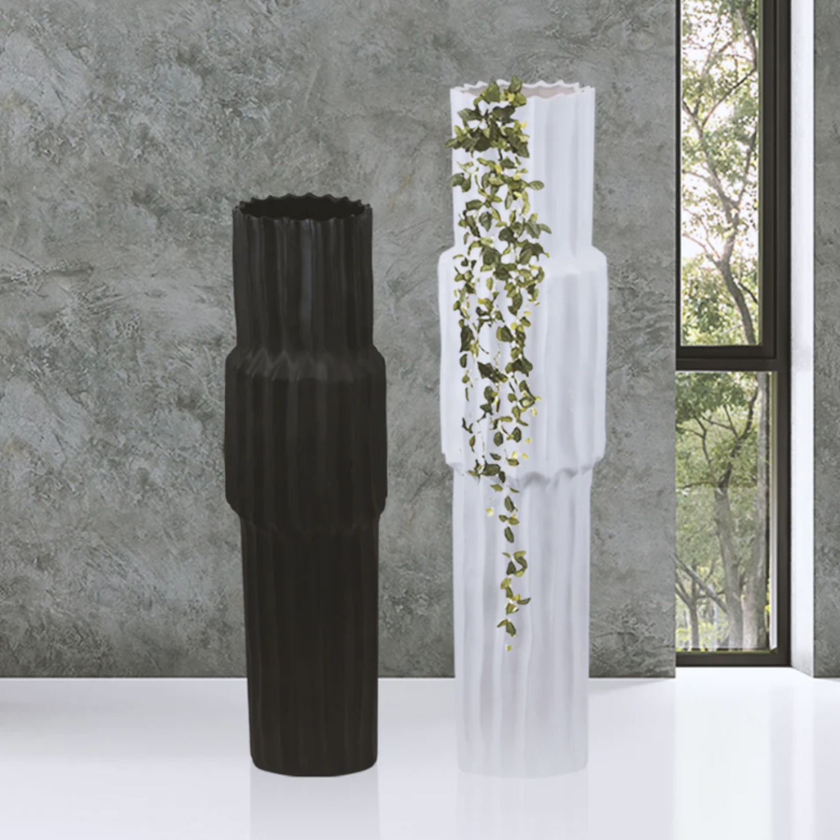 29.5”H X 8.5”D X 6.25” OPEN WHITE CERAMIC FLUTE GLAZE POT VASE
