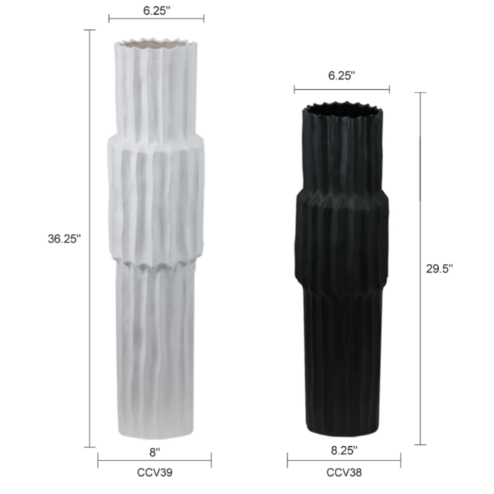 29.5”H X 8.5”D X 6.25” OPEN WHITE CERAMIC FLUTE GLAZE POT VASE