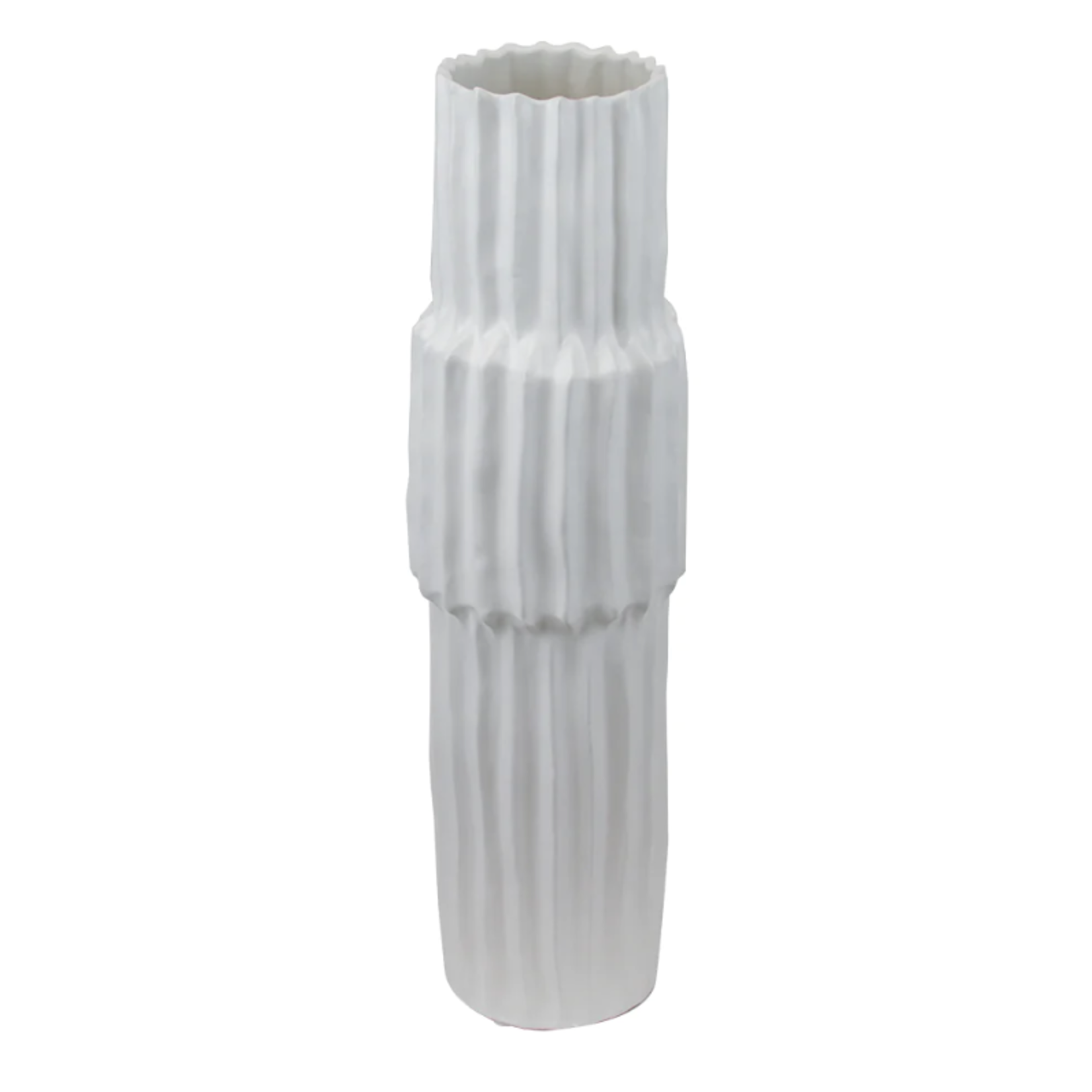 29.5”H X 8.5”D X 6.25” OPEN WHITE CERAMIC FLUTE GLAZE POT VASE