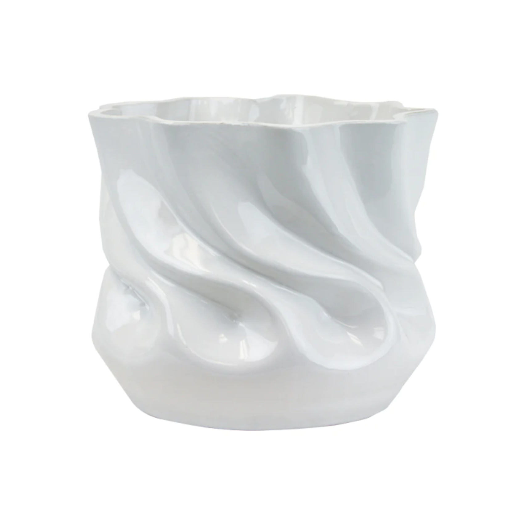 6.5”H X 7.75” WHITE GLOSSY CERAMIC RIPPLE VASE