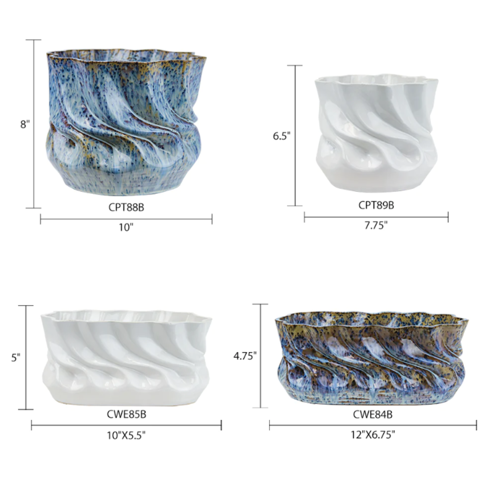 6.5”H X 7.75” WHITE GLOSSY CERAMIC RIPPLE VASE