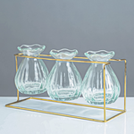 4.5”H X 8.75“L X 3.25” THREE(3) GLASS BUD VASES WITH GOLD STAND