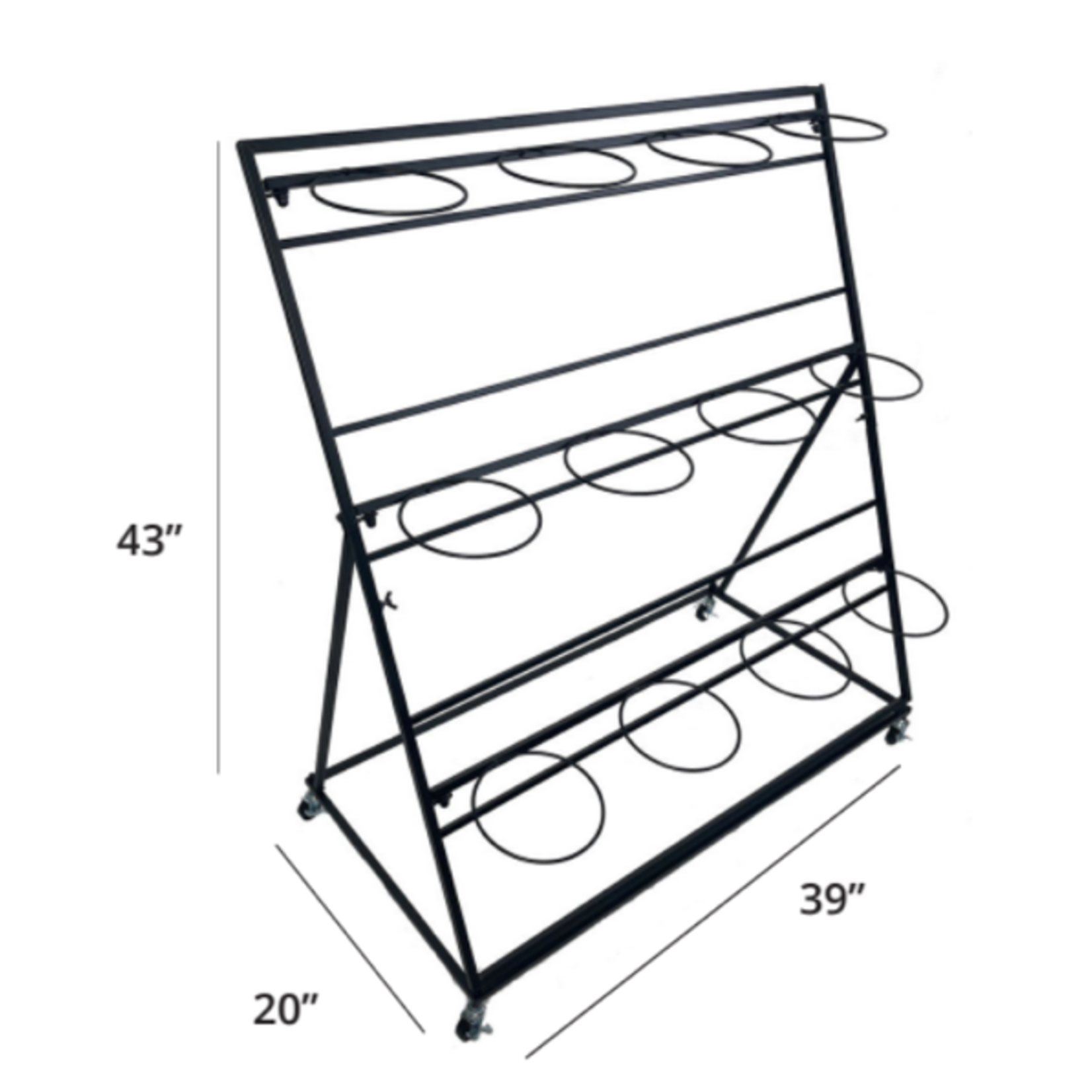 43" X 20" X 39" BLACK 12 BUCKET FLOWER RACK STAND, BUCKETS INCLUDED. BUCKET SIZE 14"H X 7.75"