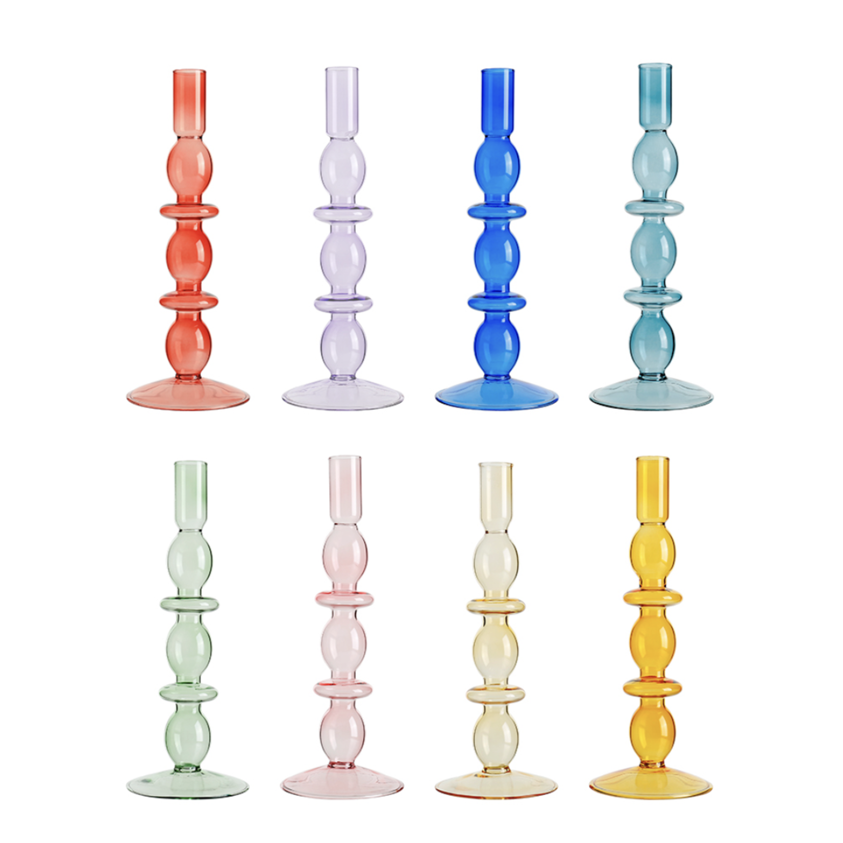 10.5”h x 3.5” GLASS TAPER CANDLE HOLDER, CAN ALSO BE USED AS A BUD VASE (PRICE PER EACH, BOX HAS ASSORTMENT)