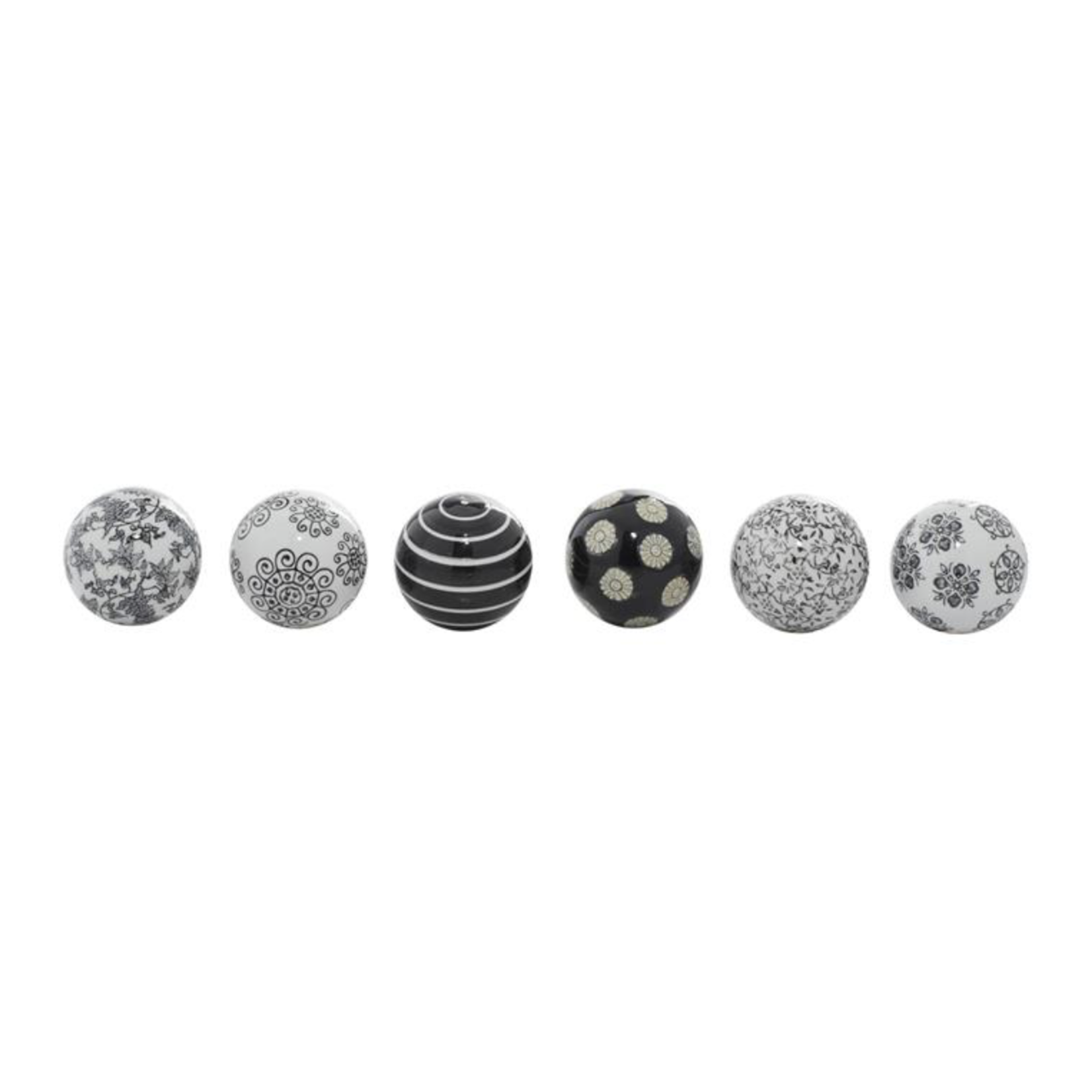3”d BLACK CERAMIC HANDMADE GLOSSY DECORATIVE BALL ORBS & VASE FILLER WITH VARYING PATTERNS (price per each, box has assortment)