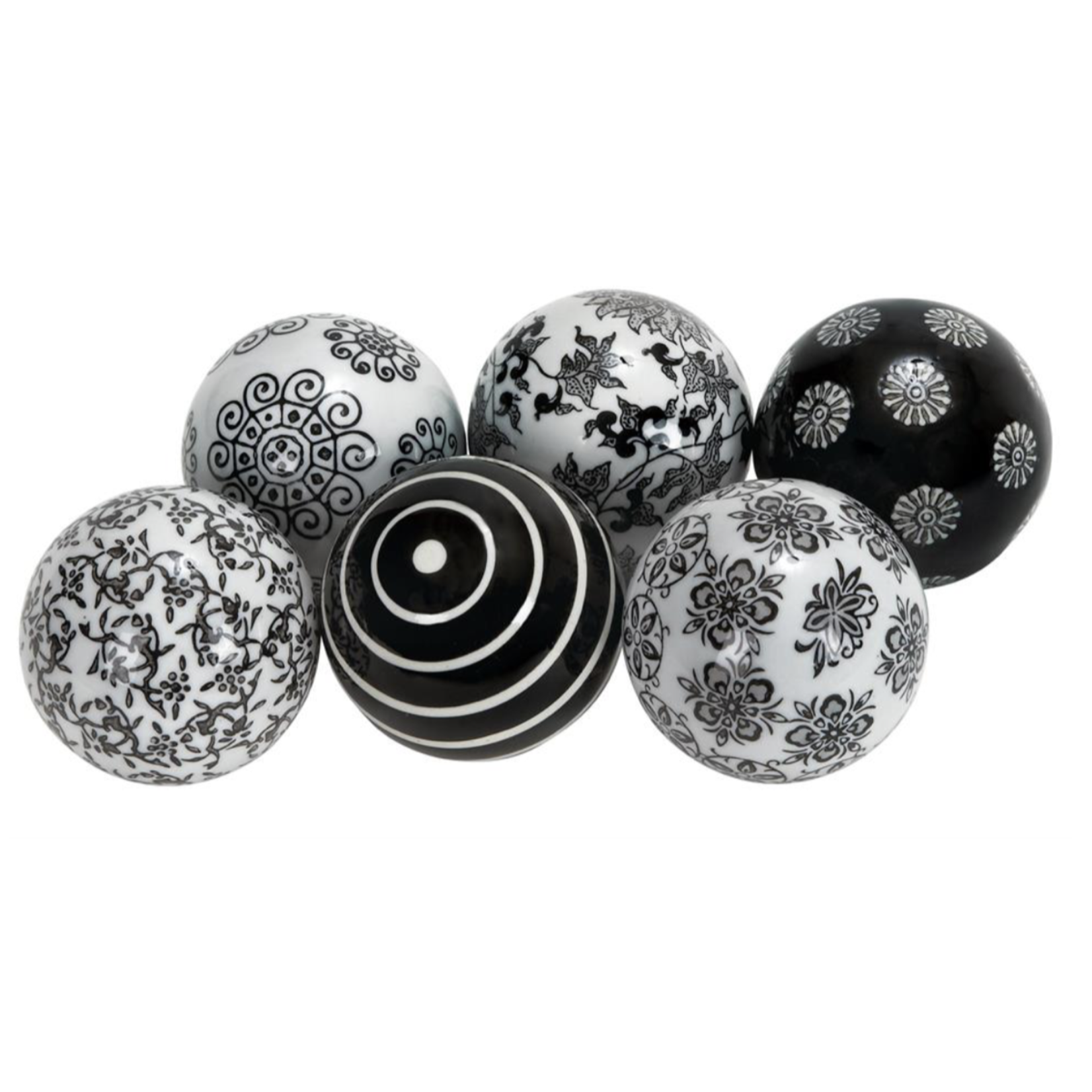 50% off was $7 now $3.50. 3”d BLACK CERAMIC HANDMADE GLOSSY DECORATIVE BALL ORBS & VASE FILLER WITH VARYING PATTERNS (price per each, box has assortment)
