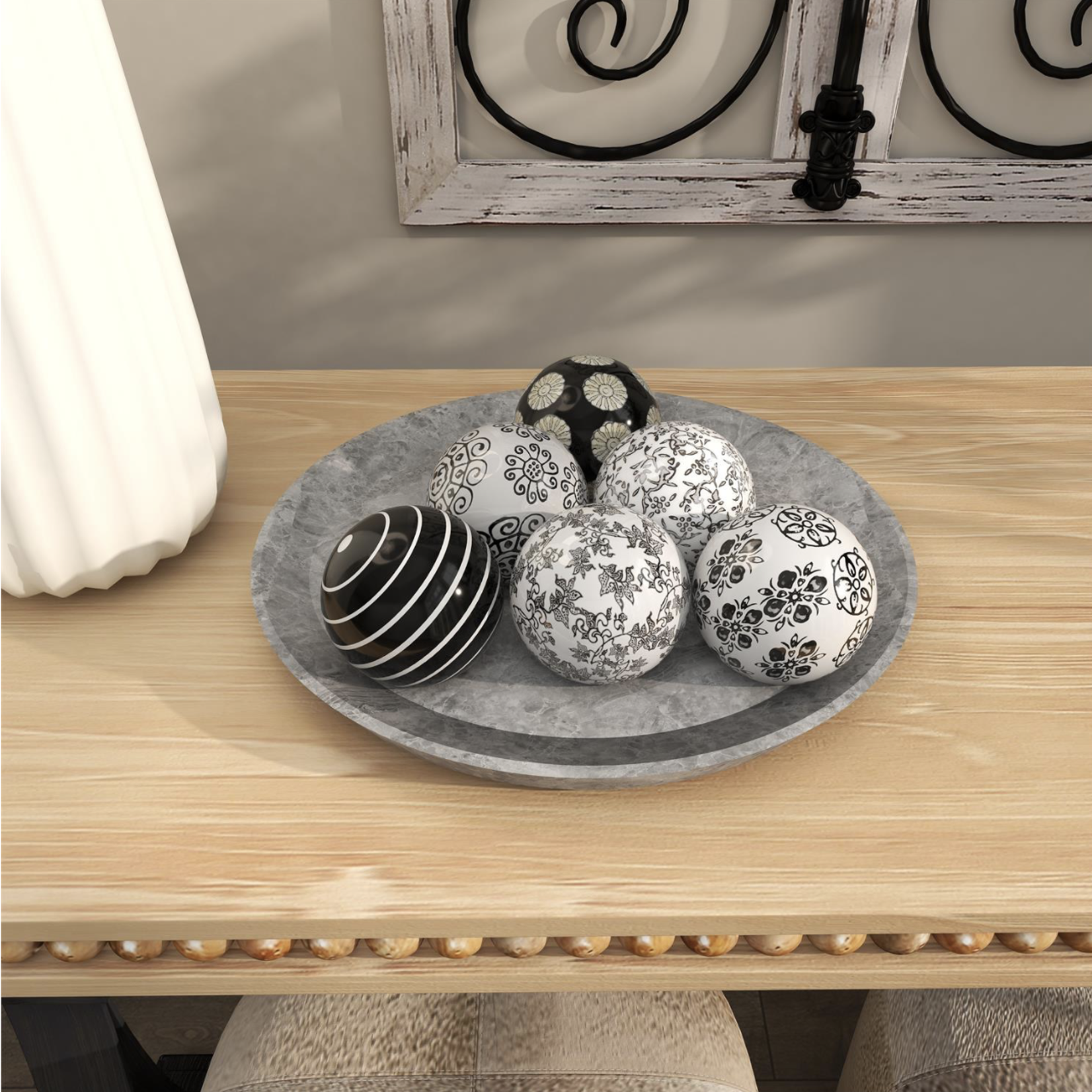50% off was $7 now $3.50. 3”d BLACK CERAMIC HANDMADE GLOSSY DECORATIVE BALL ORBS & VASE FILLER WITH VARYING PATTERNS (price per each, box has assortment)