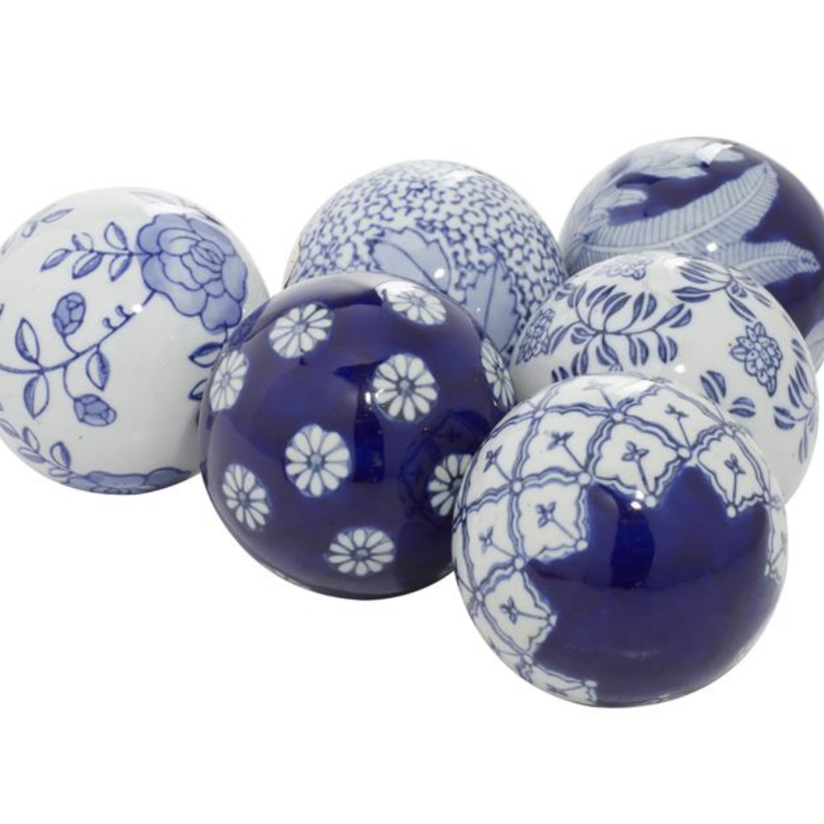 50% off was $7 now $3.50. 3.15”d BLUE CERAMIC FLORAL HANDMADE GLOSSY DECORATIVE BALL ORBS & VASE FILLER WITH VARYING PATTERNS (price per each, box has assortment)