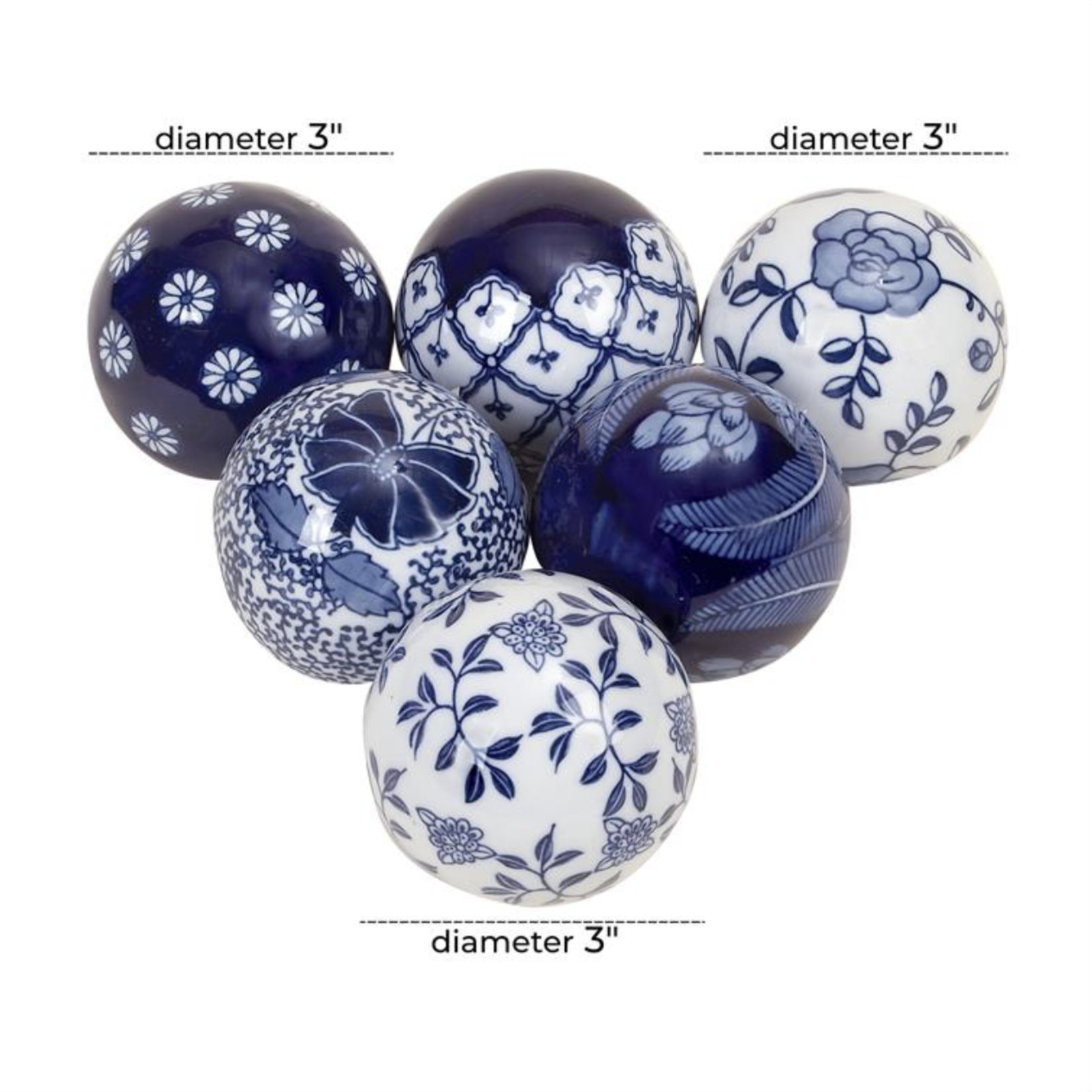 50% off was $7 now $3.50. 3.15”d BLUE CERAMIC FLORAL HANDMADE GLOSSY DECORATIVE BALL ORBS & VASE FILLER WITH VARYING PATTERNS (price per each, box has assortment)