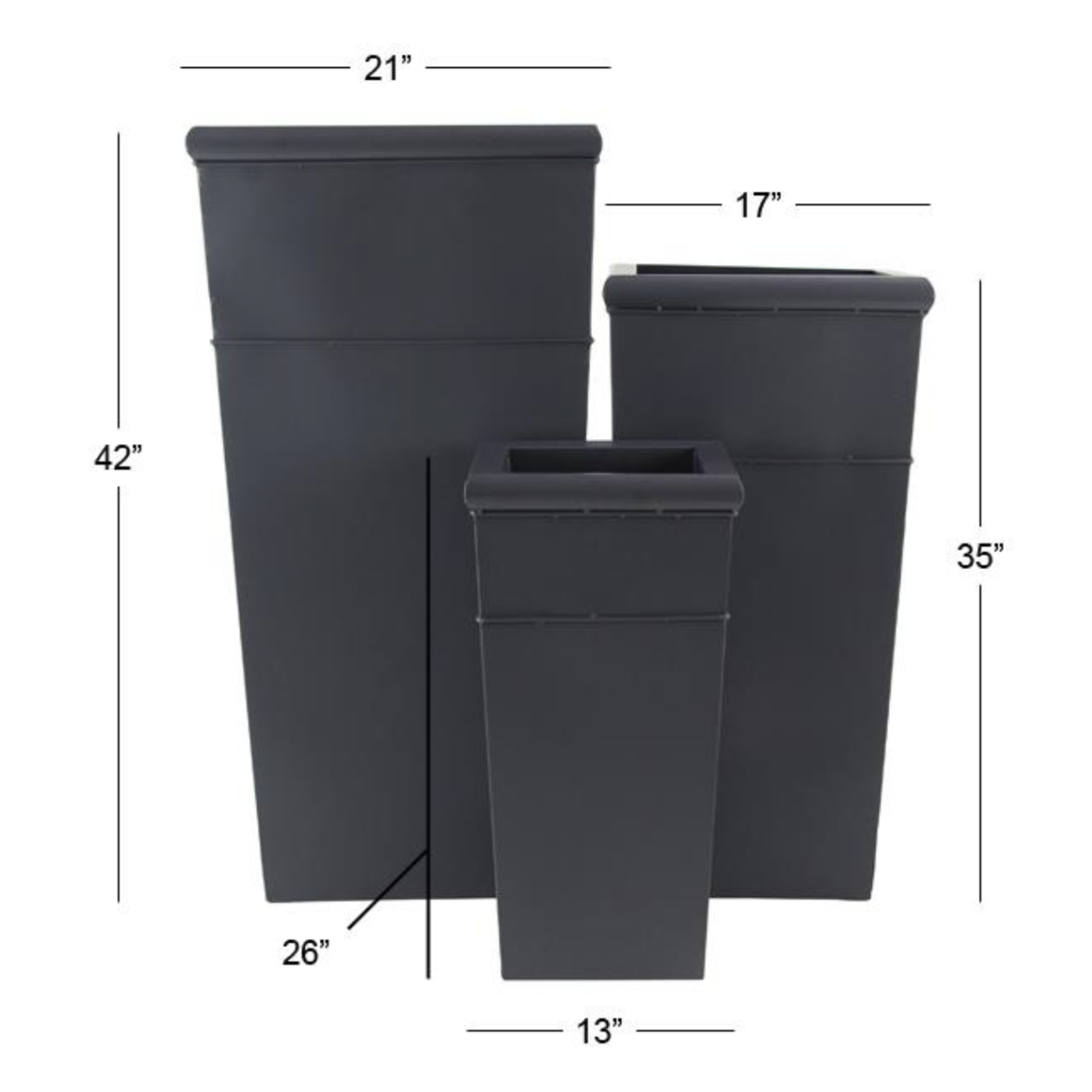 26”H X 13” X 13” SMALL GREY TIN TRADITIONAL PLANTER (NOT WATER TIGHT, PRICE PER SIZE, BOX HAS ASSORTMENT)
