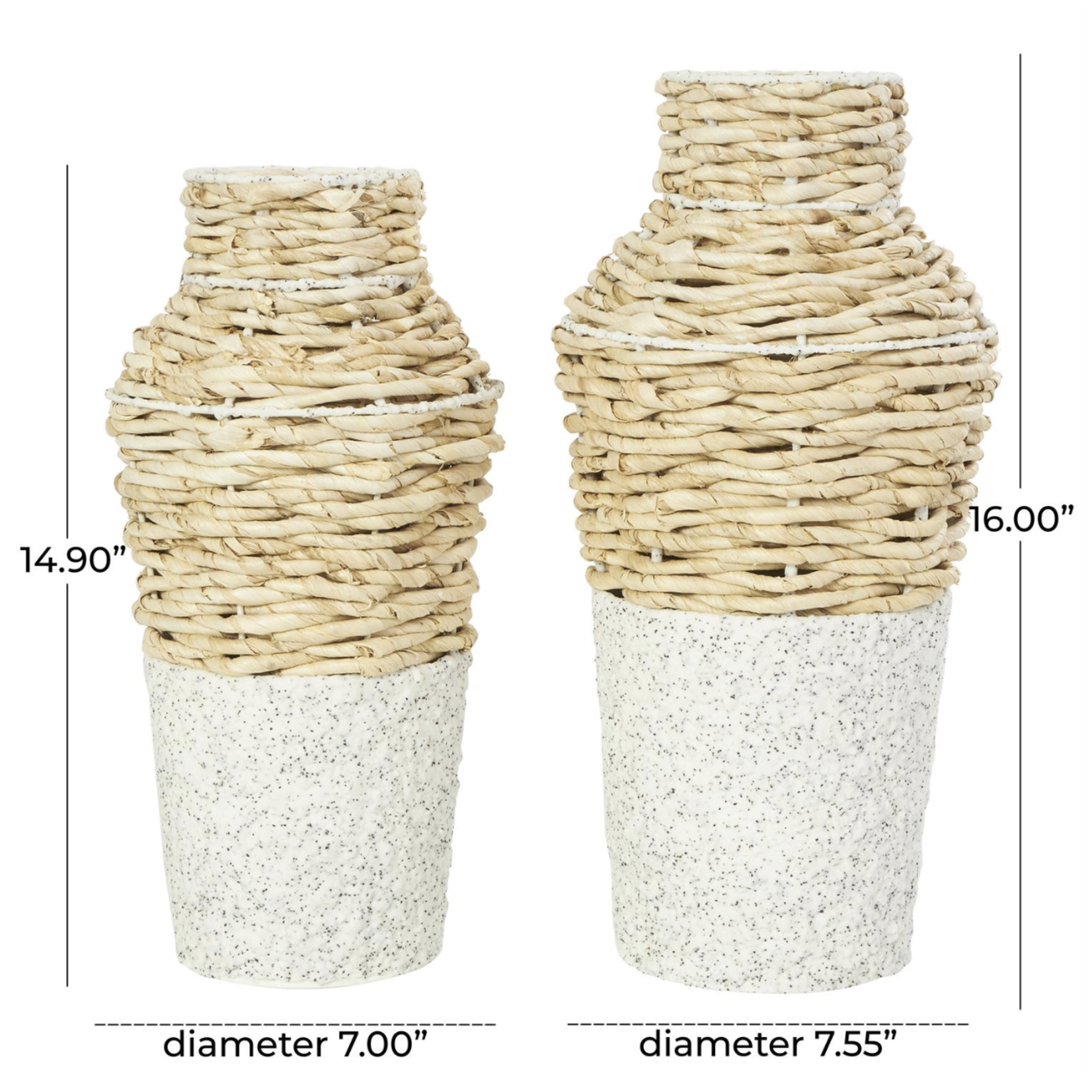 15”H X 7” SMALL BROWN SEAGRASS WOVEN VASE WITH SPECKLED BLACK AND WHITE BASES (NOT WATER TIGHT)