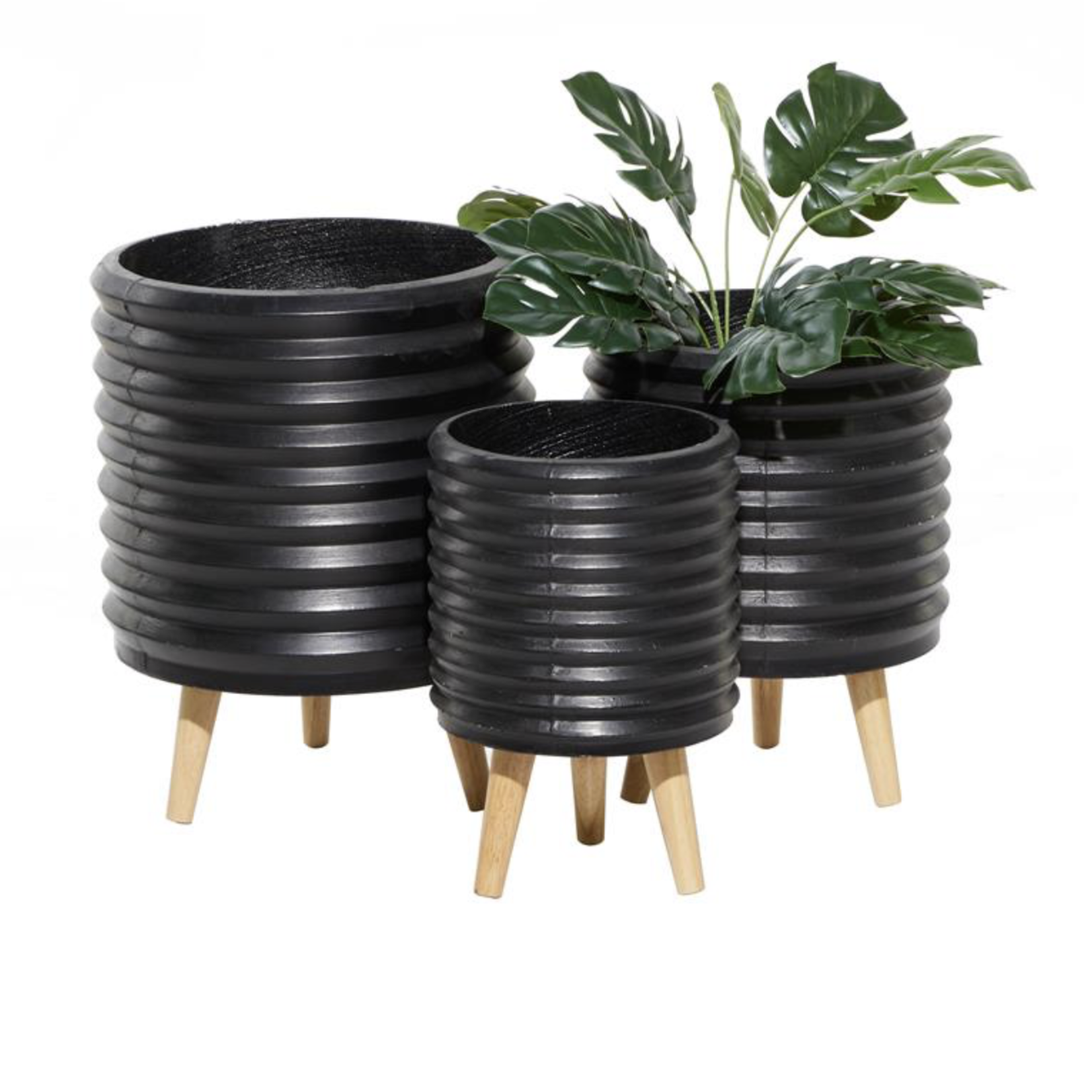 18”H X 14” LARGE BLACK MAGNESIUM OXIDE INDOOR OUTDOOR PLANTER WITH WOOD LEGS (NOT WATER TIGHT)
