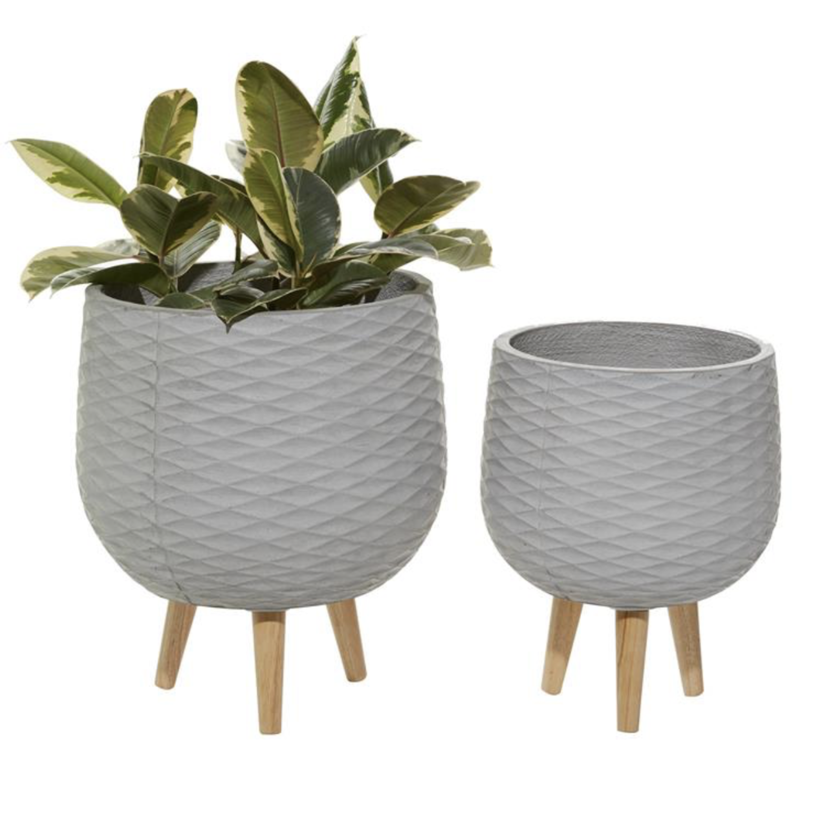 14”h x 12.5” SMALL LIGHT GREY POLYSTONE CONTEMPORARY PLANTER WITH WOOD STAND (NOT WATER TIGHT)