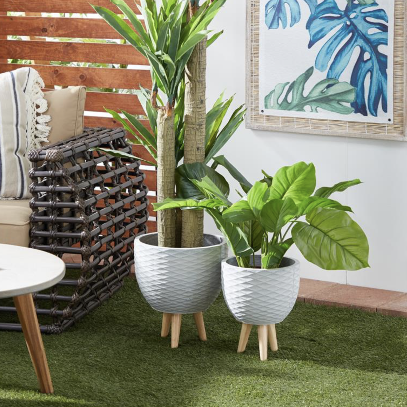 50% off was $28 now $14. 14”H LARGE GRAY CERAMIC TAPERED CONTEMPORARY PLANTER WITH WOOD STAND (NOT WATER TIGHT)