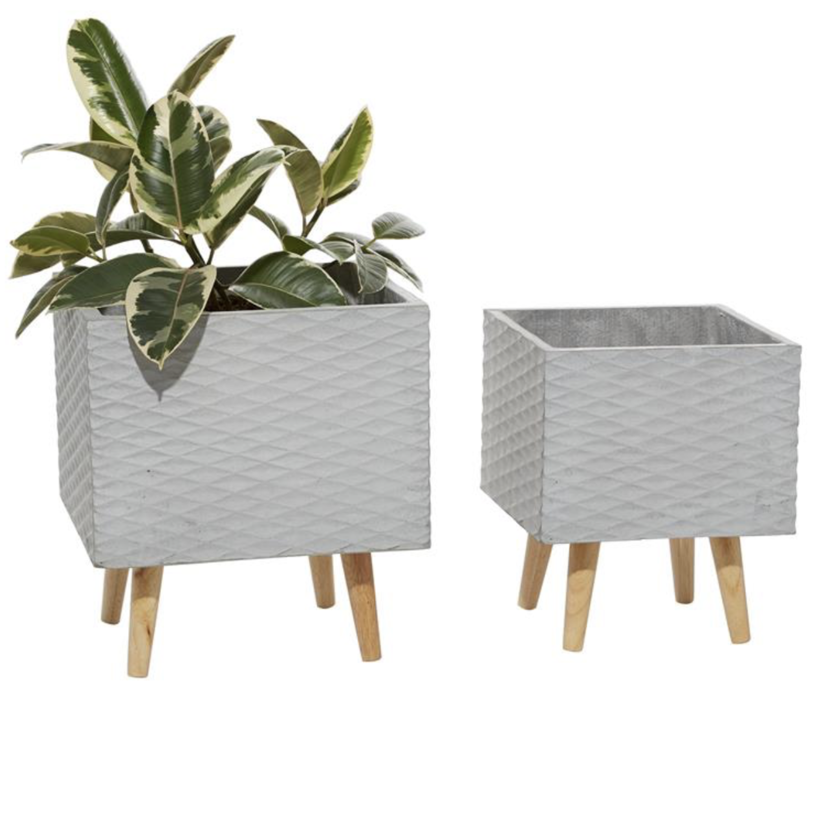 13”H X 11” X 11” SMALL SQUARE GREY CERAMIC CONTEMPORARY PLANTER WITH WOOD STAND (NOT WATER TIGHT)