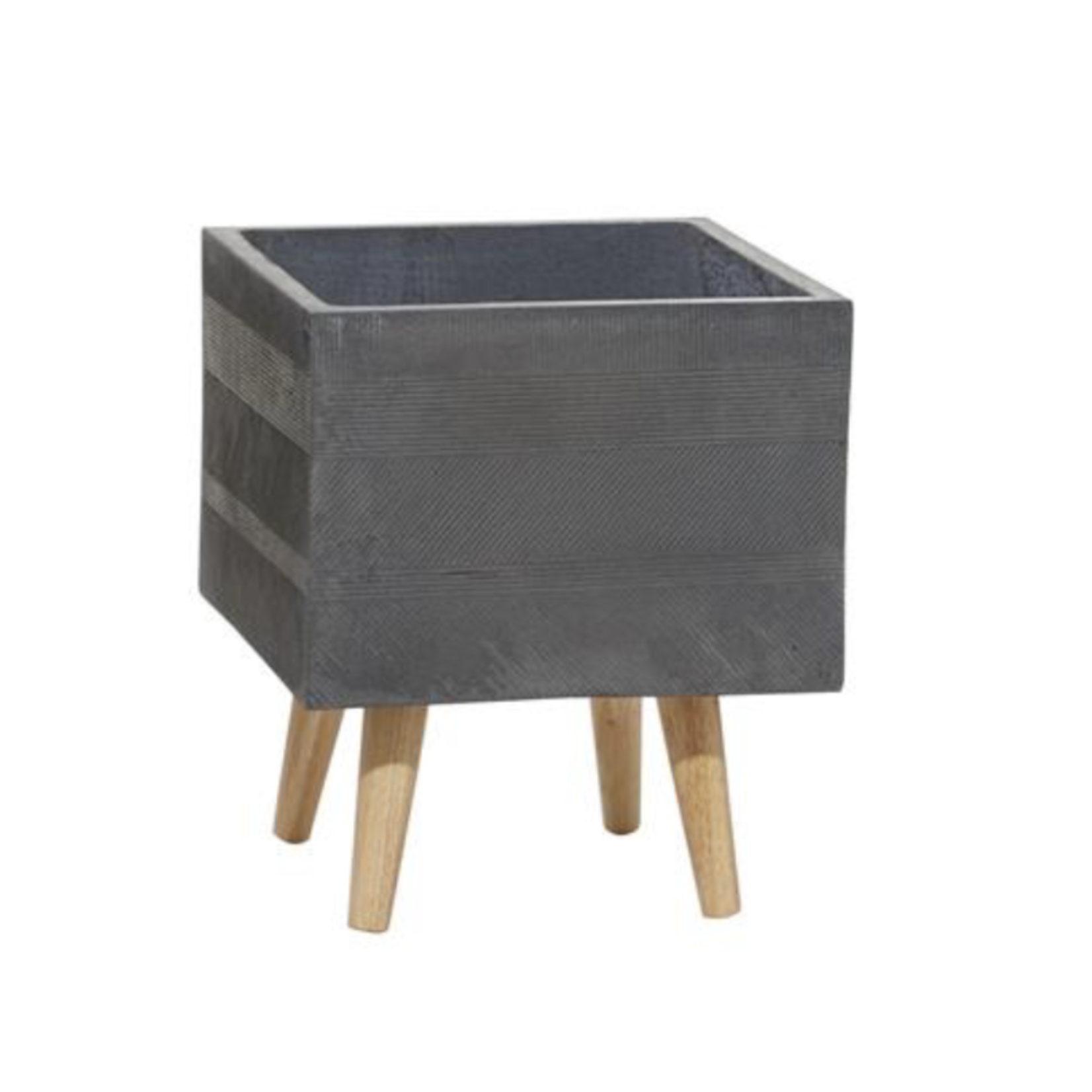 13”H X 11” X 11” SMALL SQUARE GREY POLYSTONE CONTEMPORARY PLANTER WITH WOOD STAND (NOT WATER TIGHT)