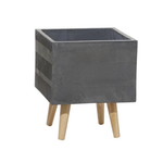 15”H X 14” X 14” LARGE SQUARE GREY POLYSTONE CONTEMPORARY PLANTER WITH WOOD STAND (NOT WATER TIGHT)