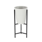25”H X 12” MEDIUM GLOSSY WHITE TAPERED MODERN METAL PLANTER WITH METAL STAND (NOT WATER TIGHT)