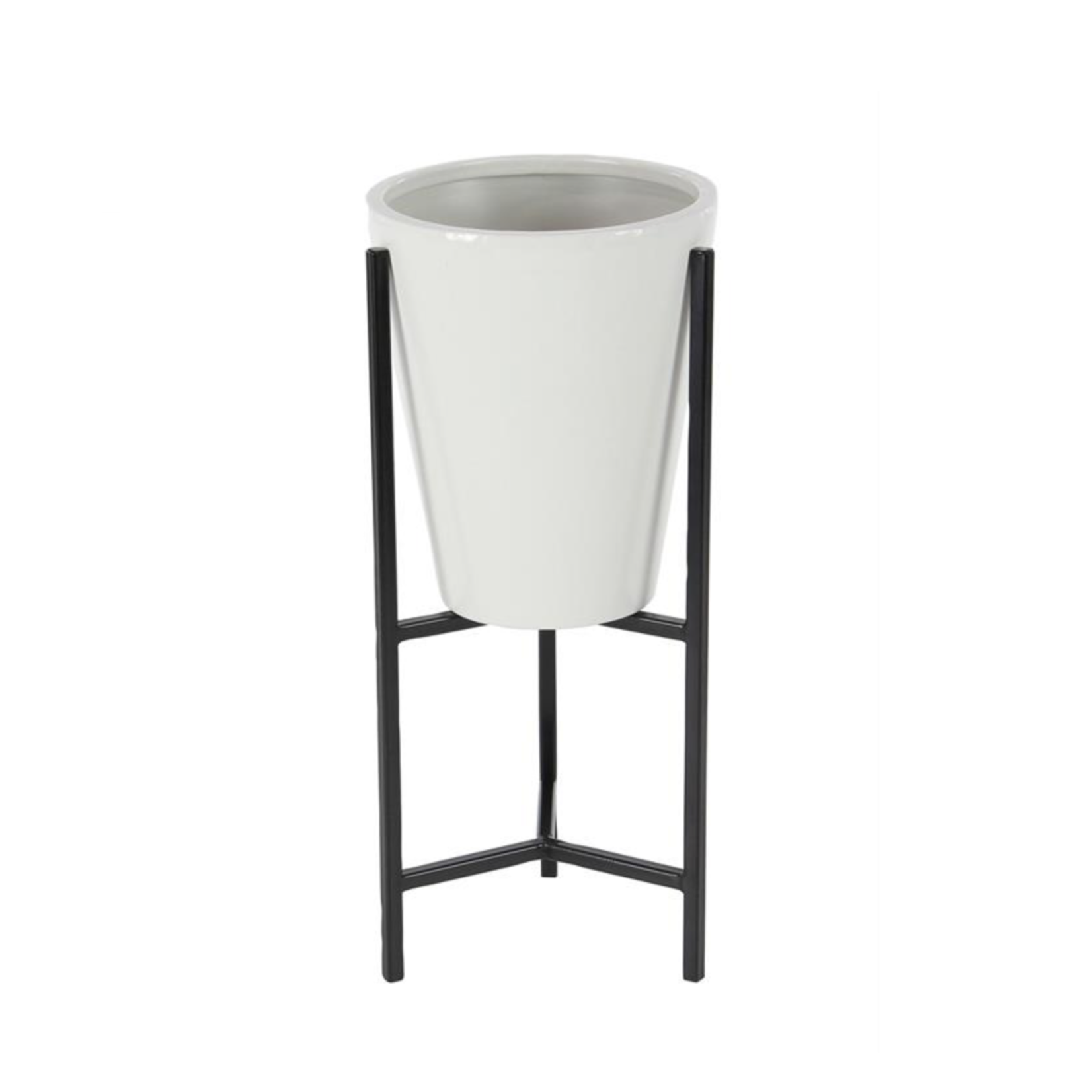 50% off was $35 now #17.50. 25”H X 12” MEDIUM GLOSSY WHITE TAPERED MODERN METAL PLANTER WITH METAL STAND (NOT WATER TIGHT)