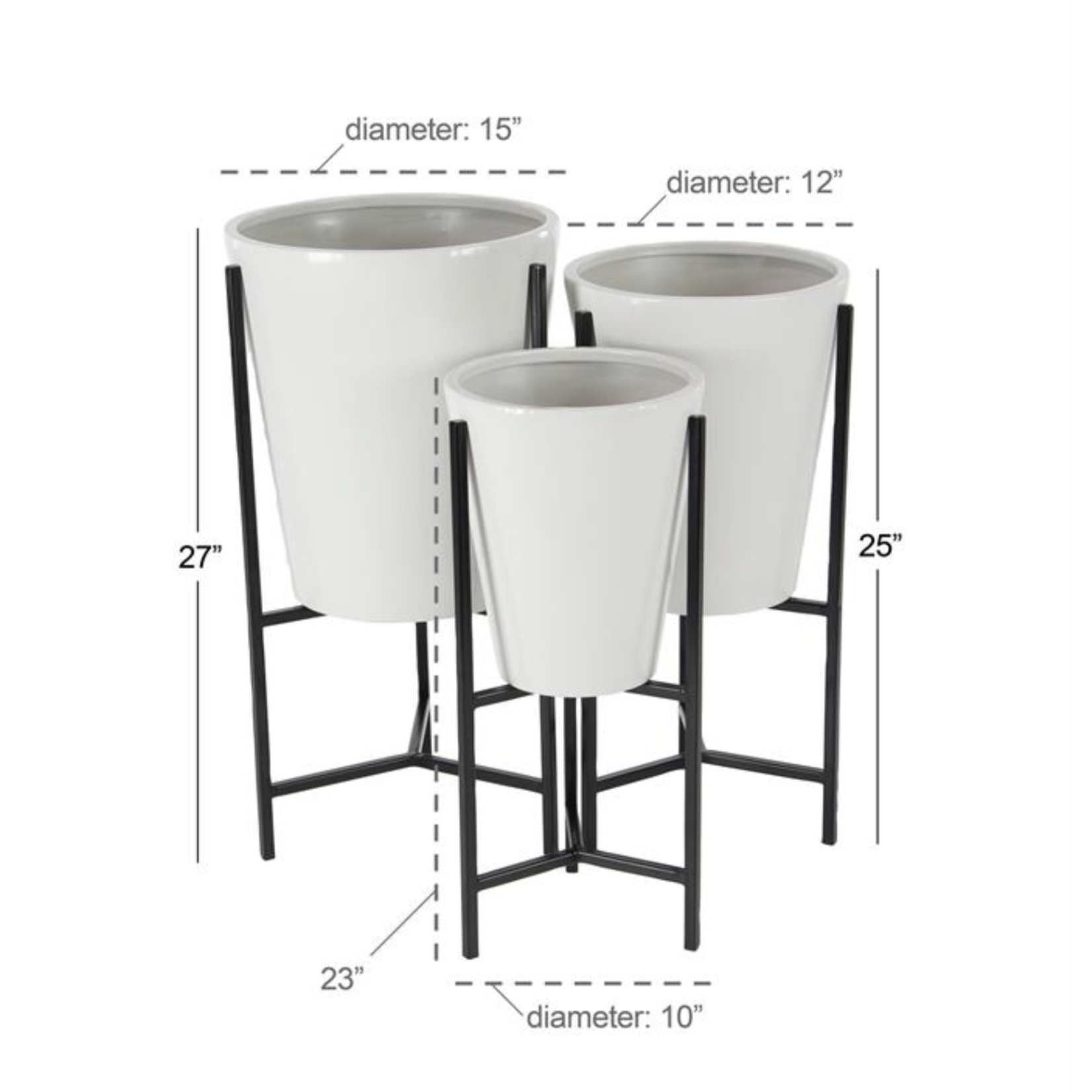 25”H X 12” MEDIUM GLOSSY WHITE TAPERED MODERN METAL PLANTER WITH METAL STAND (NOT WATER TIGHT)