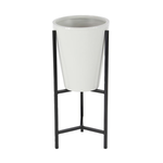 27”H X 15” LARGE GLOSSY WHITE TAPERED MODERN METAL PLANTER WITH METAL STAND (NOT WATER TIGHT)