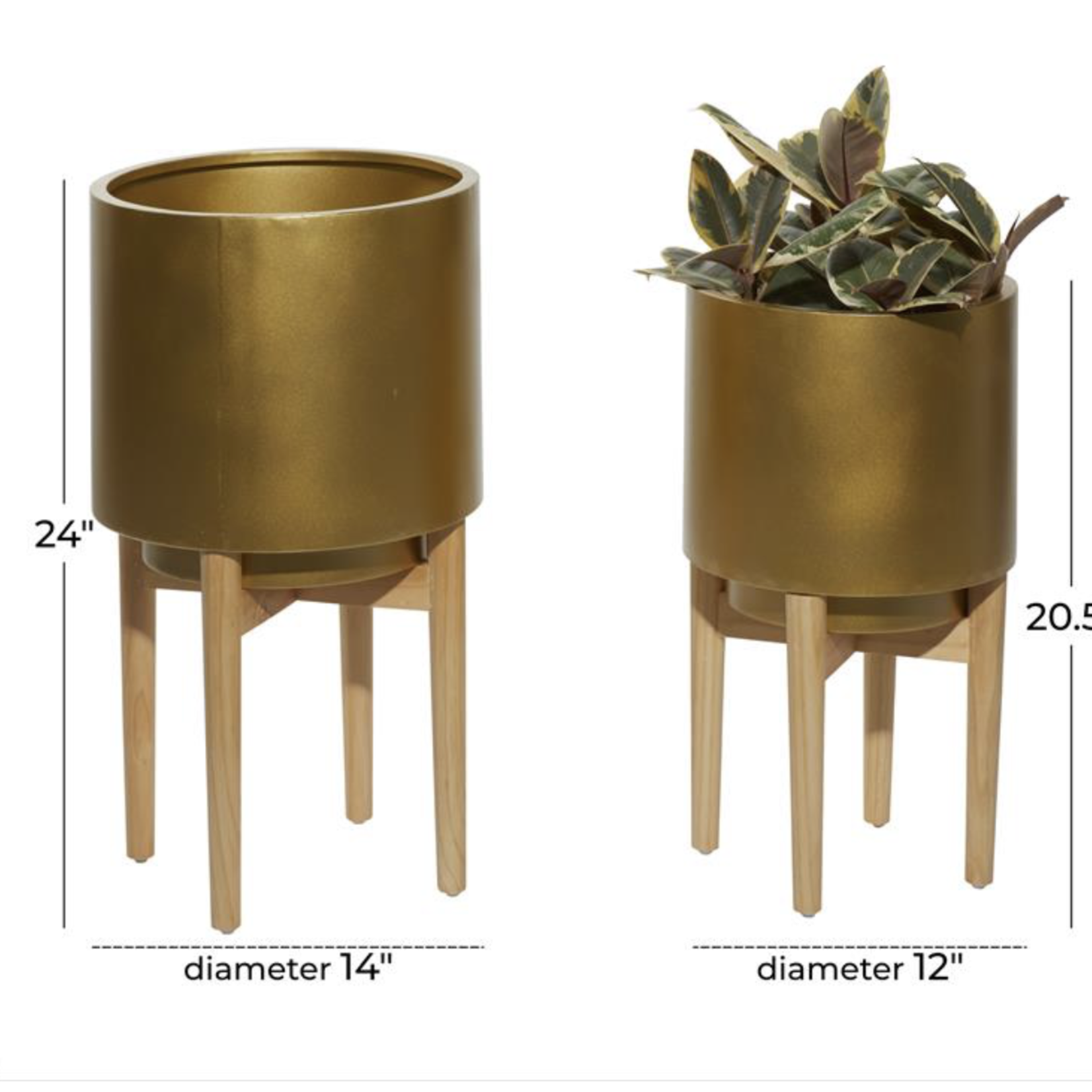 20.5”H X 12” SMALL GOLD METAL PLANTER WITH WOOD STAND (NOT WATER TIGHT)