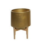 20”H X 16” LARGE GOLD METAL PLANTER WITH WOOD STAND (NOT WATER TIGHT)