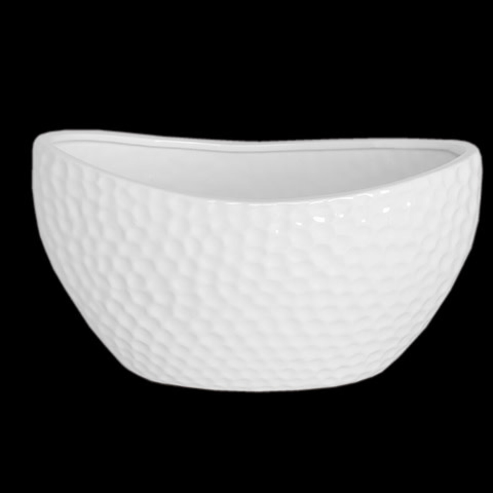 5.5”H X 5.75”W X 10” MATTE WHITE Ceramic Oval Vase with Bended Rim Mouth and Pressed Pattern Design