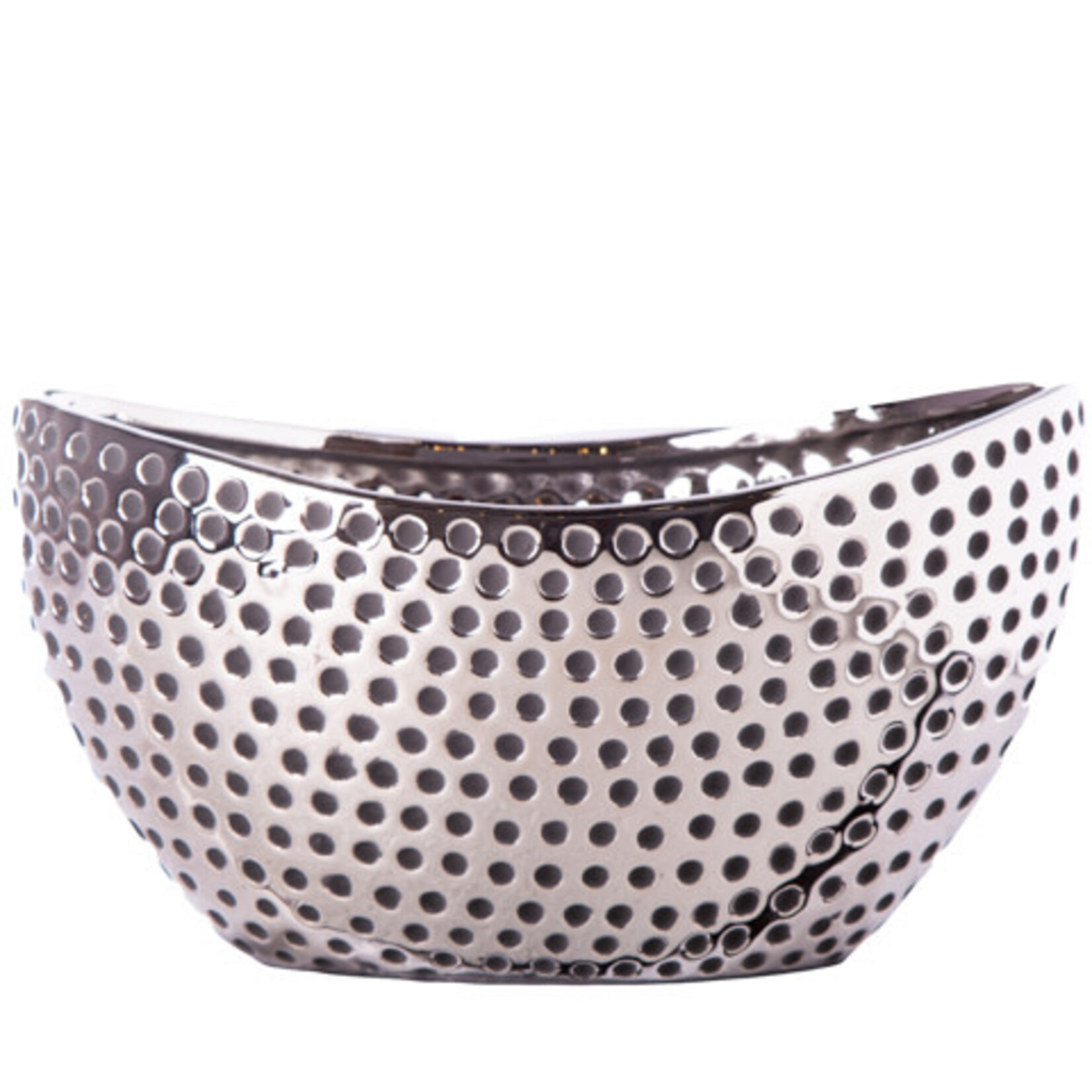 5.5”H X 5.75”W X 10” SILVER METALLIC Ceramic Oval Vase with Bended Rim Mouth and Pressed Pattern Design