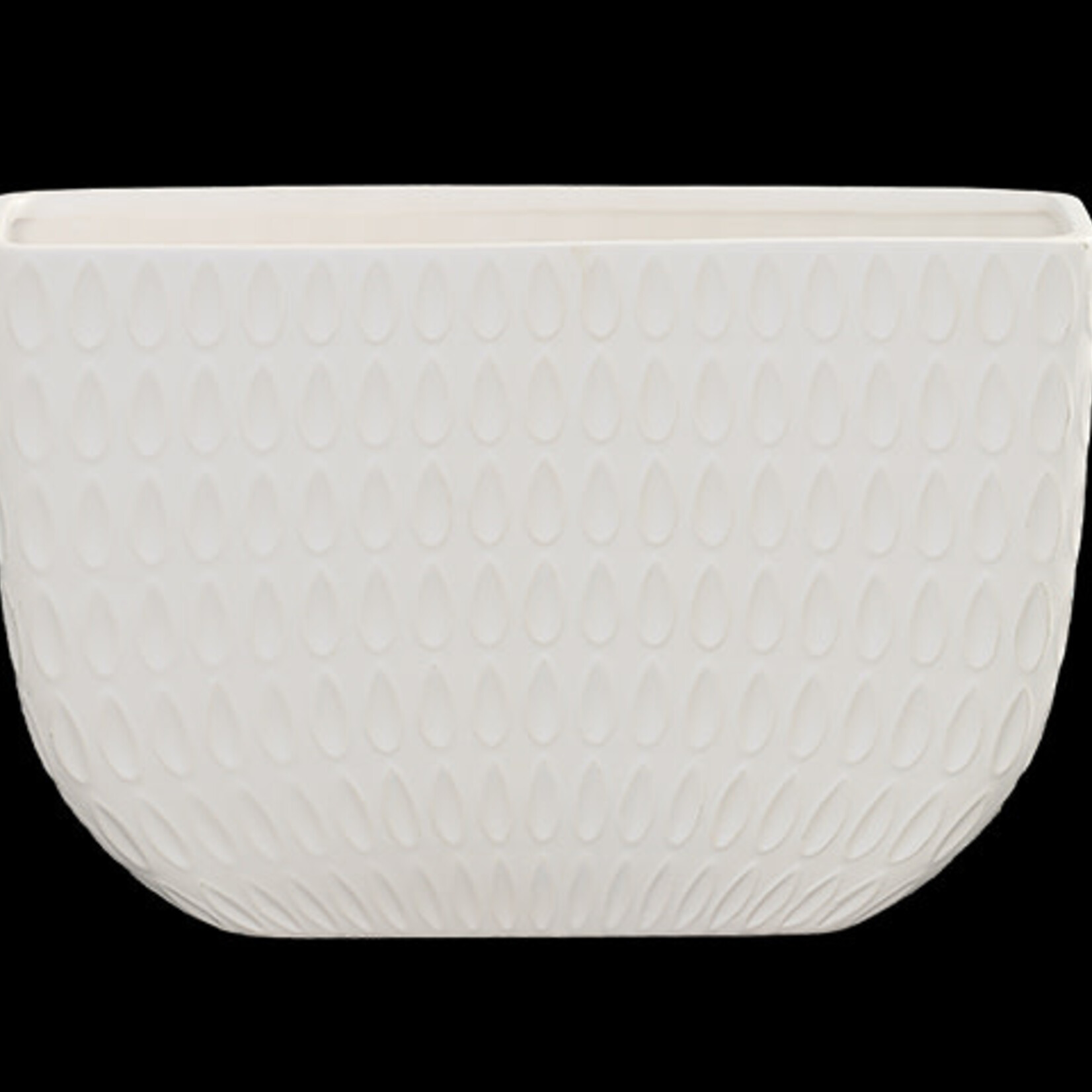 9.25"H X 5" X 14”L WHITE Ceramic Rectangle Vase with Pressed Elliptical Pattern Design Body and Tapered Bottom