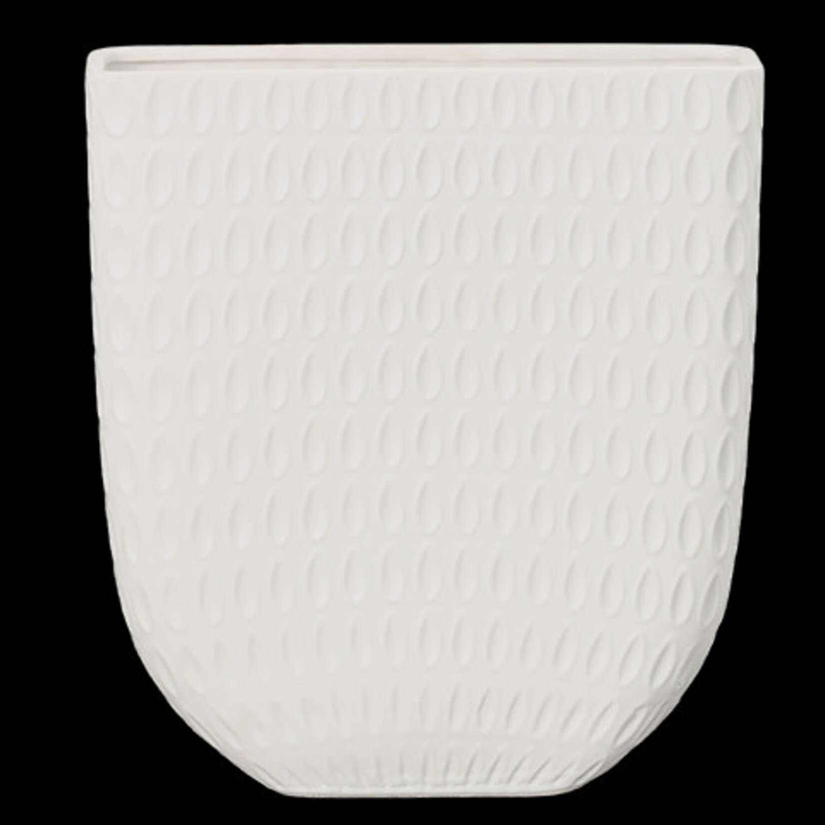 14.54”h x 4.5”w x 13.25”L WHITE Ceramic Rectangle Vase with Pressed Elliptical Pattern Design Body and Tapered Bottom