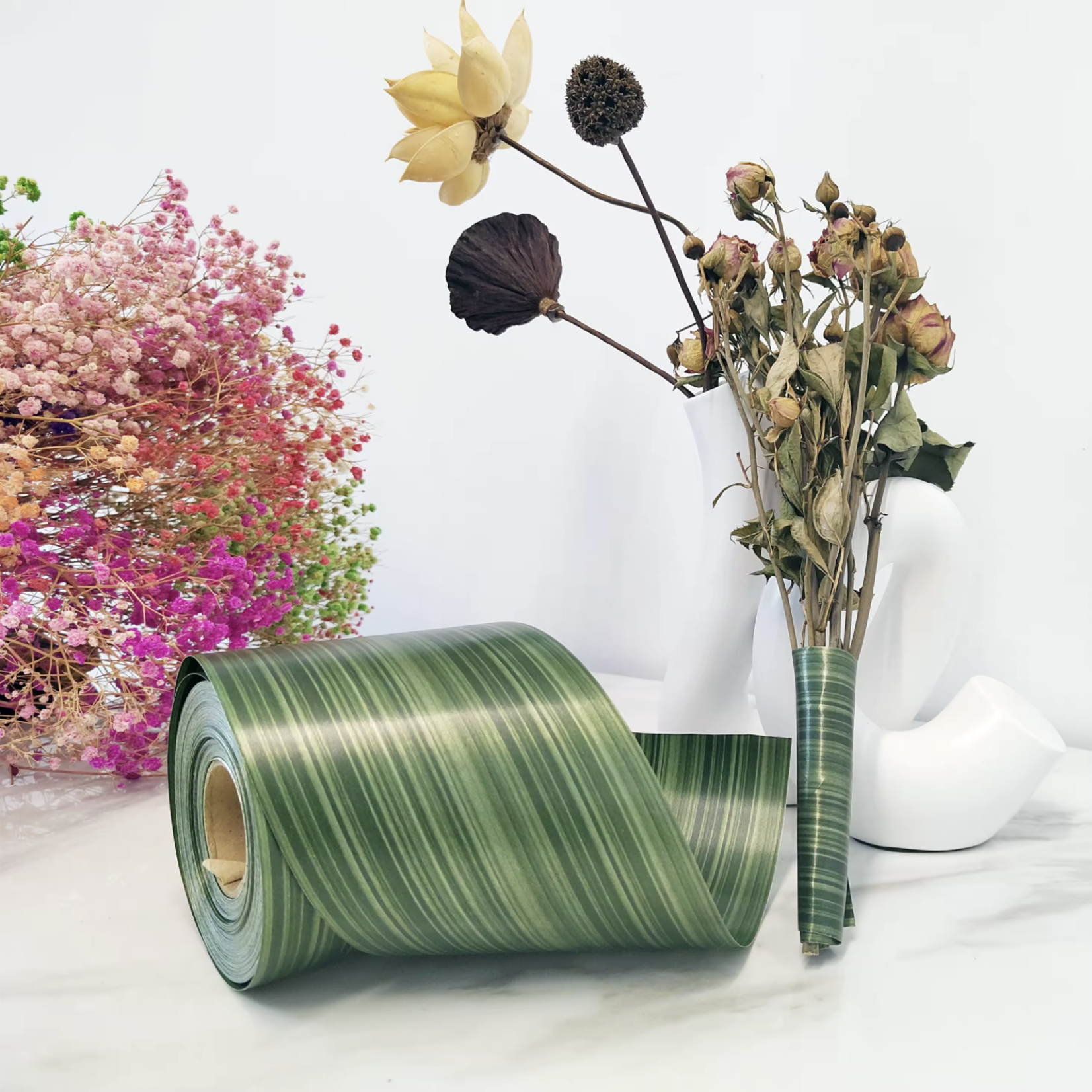 4" X 50 YD GREEN ASPIDESTRA TI LEAF RIBBON