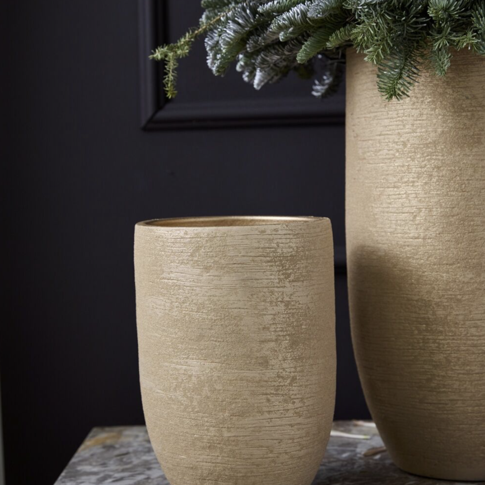 9.75”H X 6.5” CHAMPAGNE GOLD CERAMIC MICA VASE